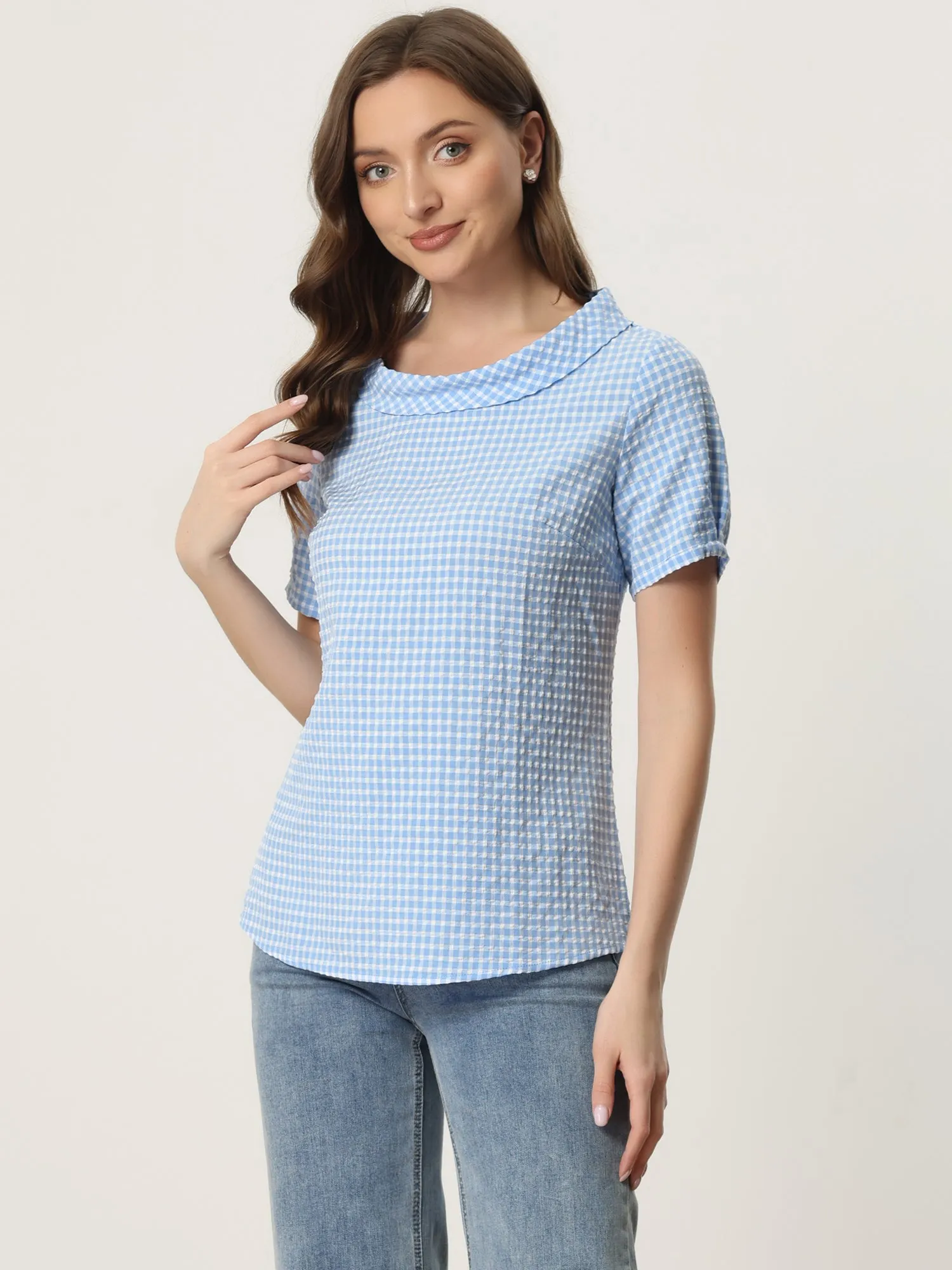 1950s Round Collar Short Sleeve Gingham Tops sold by Allegra K product image thumbnail 2