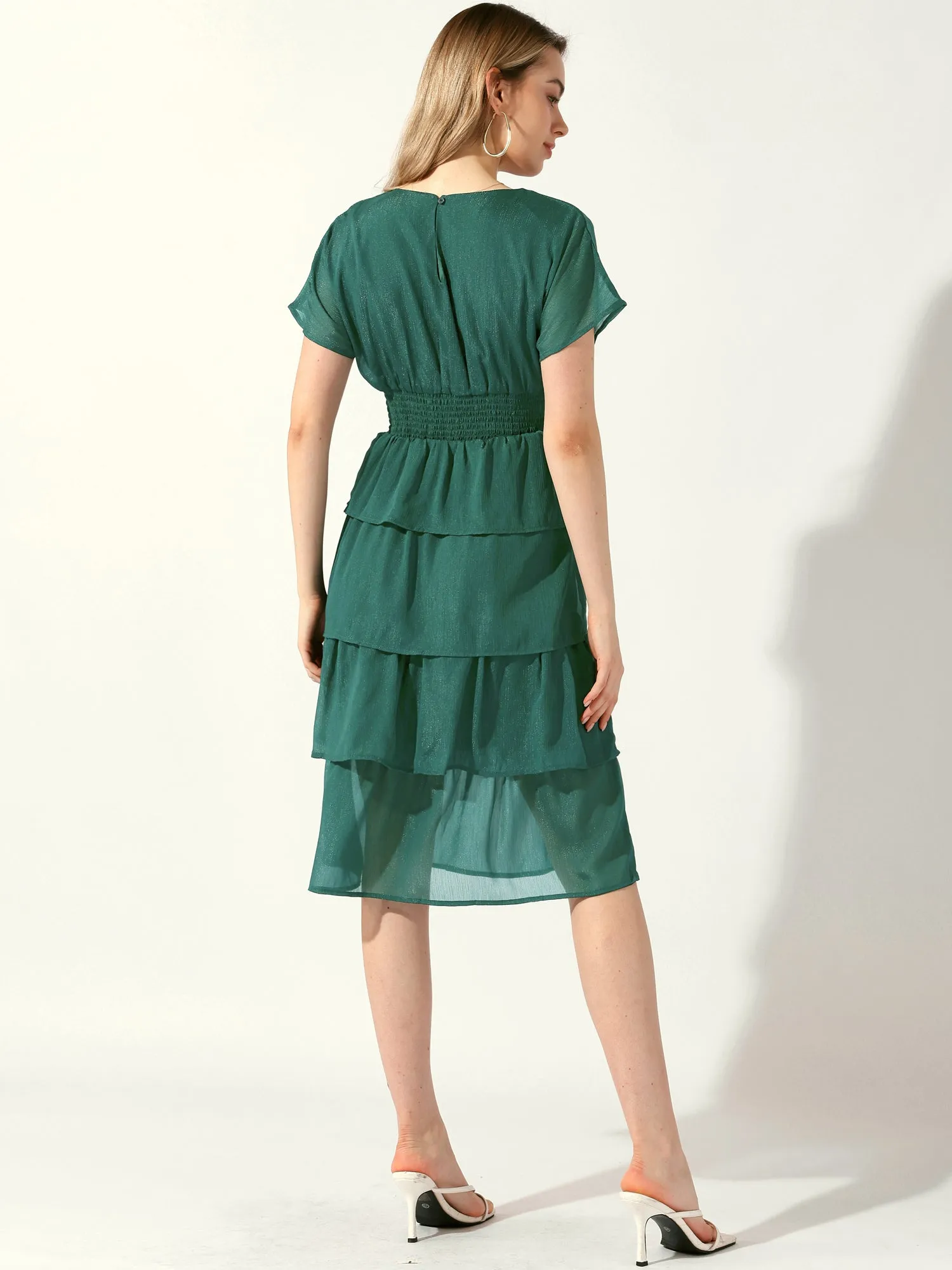 V Neck Batwing Sleeve Smocked Waist Layered Midi Dress sold by Allegra K product image thumbnail 3