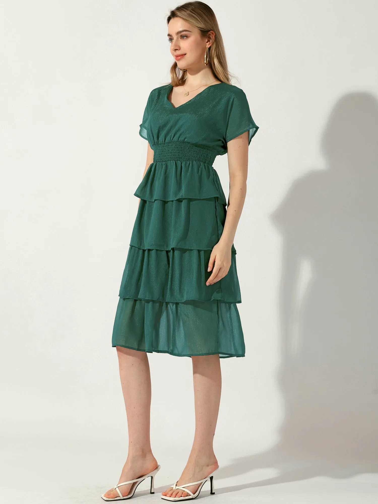 V Neck Batwing Sleeve Smocked Waist Layered Midi Dress sold by Allegra K product image thumbnail 2