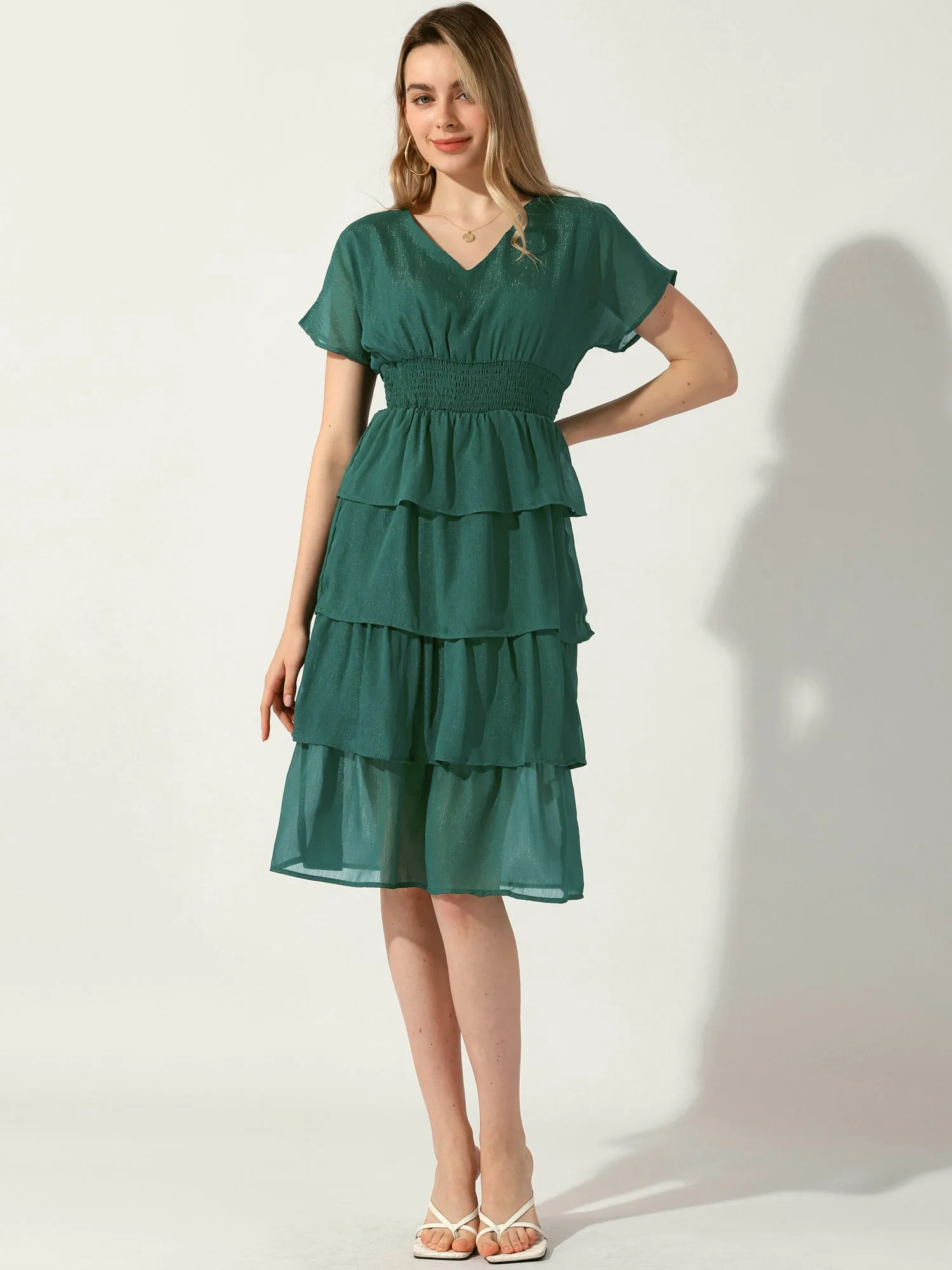 V Neck Batwing Sleeve Smocked Waist Layered Midi Dress sold by Allegra K