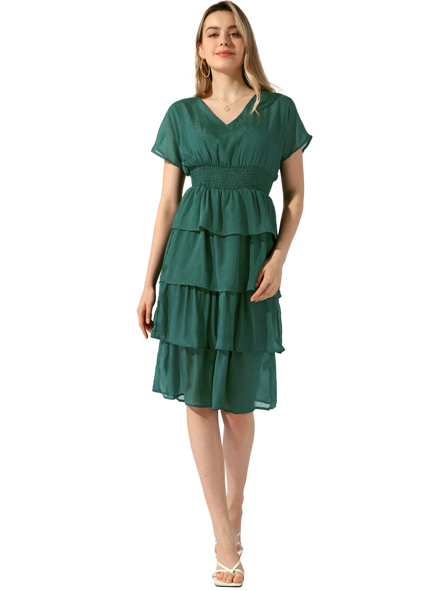 V Neck Batwing Sleeve Smocked Waist Layered Midi Dress sold by Allegra K product image thumbnail 4