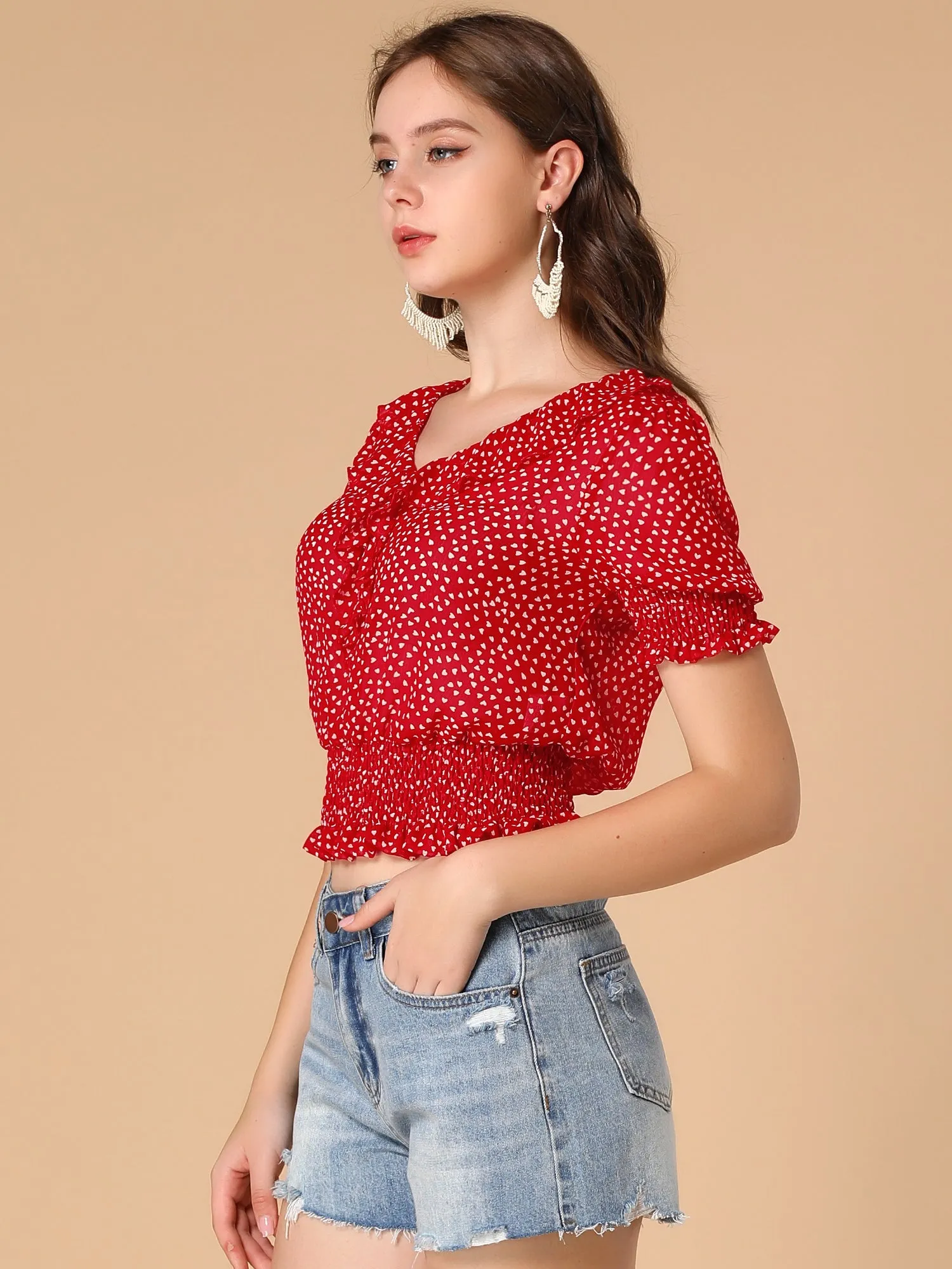 Ruffle V Neck Short Sleeve Heart Print Smocked Chiffon Blouse sold by Allegra K product image thumbnail 4