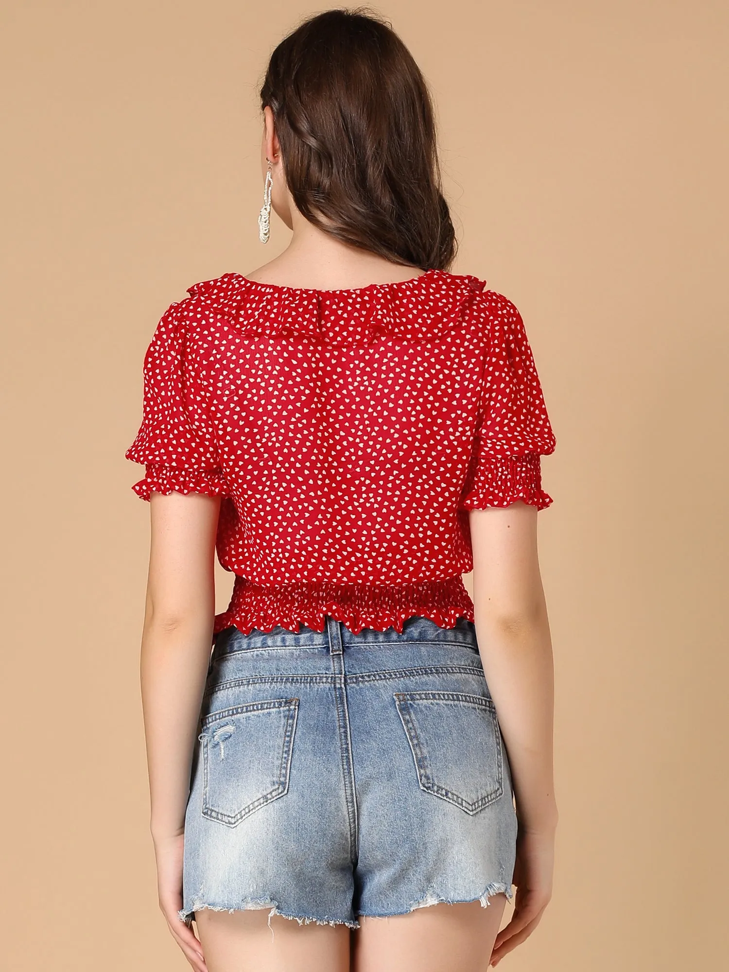 Ruffle V Neck Short Sleeve Heart Print Smocked Chiffon Blouse sold by Allegra K product image thumbnail 5