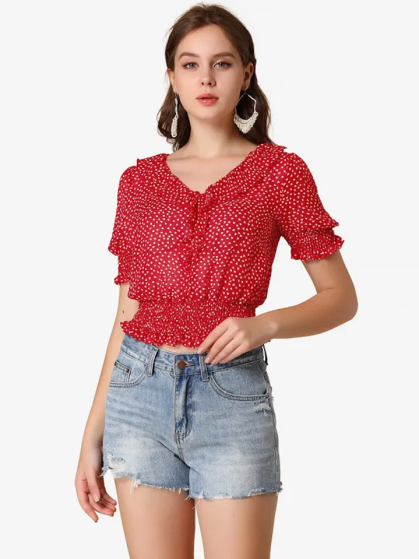 Ruffle V Neck Short Sleeve Heart Print Smocked Chiffon Blouse sold by Allegra K