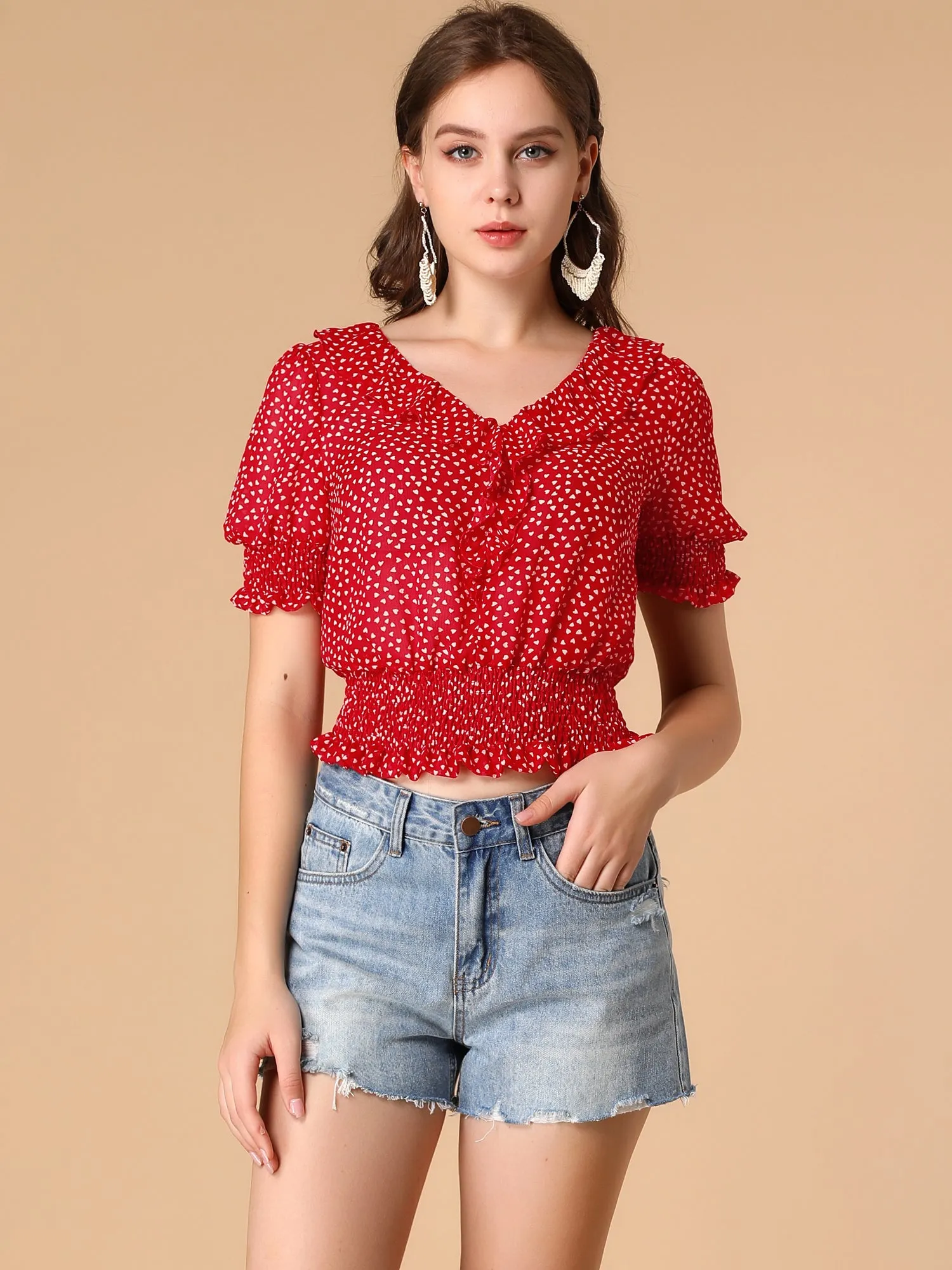 Ruffle V Neck Short Sleeve Heart Print Smocked Chiffon Blouse sold by Allegra K product image thumbnail 2