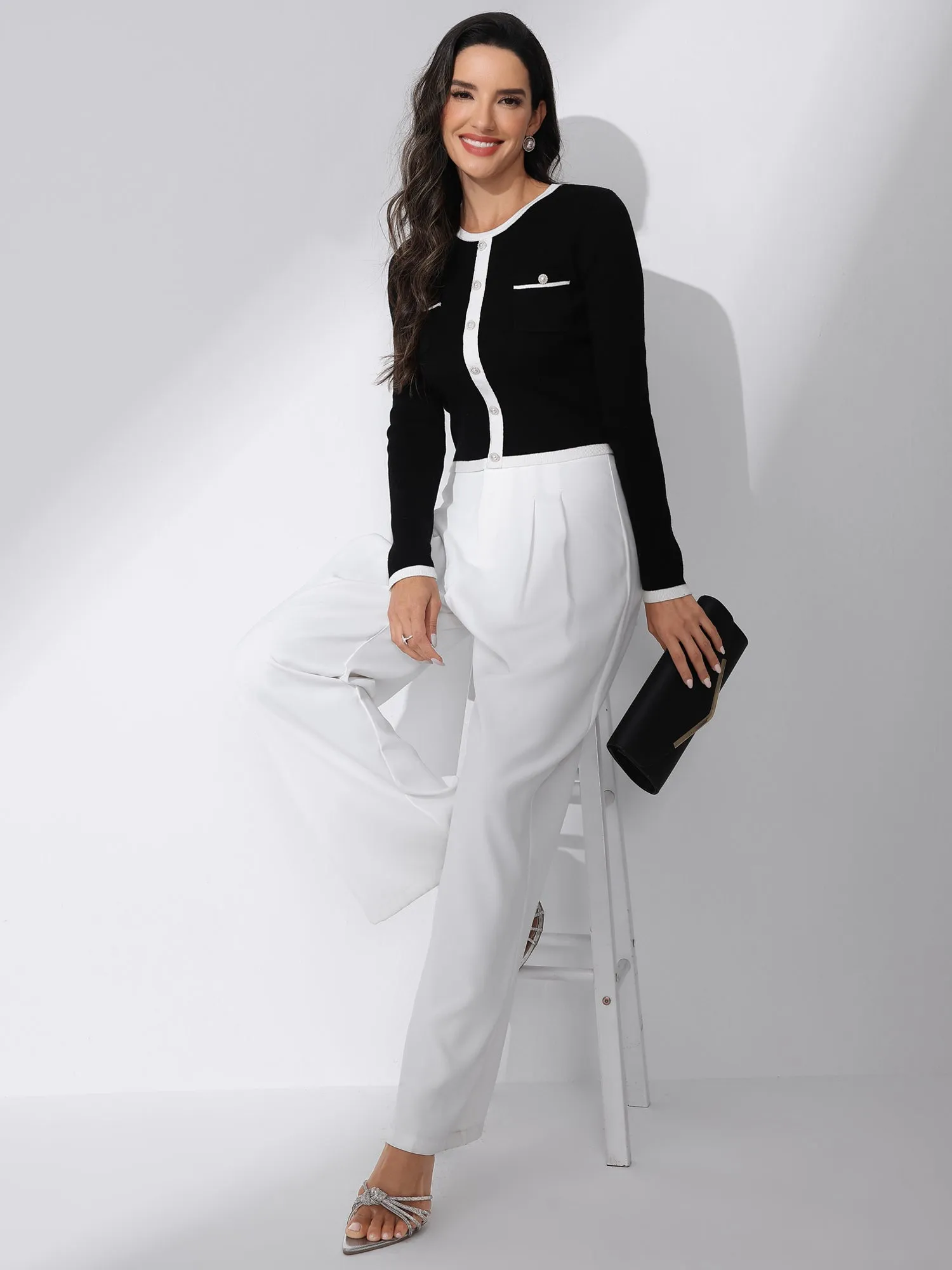 Contrast Ribbed Knit Round Neck Button Decor Crop Sweater Top sold by Allegra K product image thumbnail 2