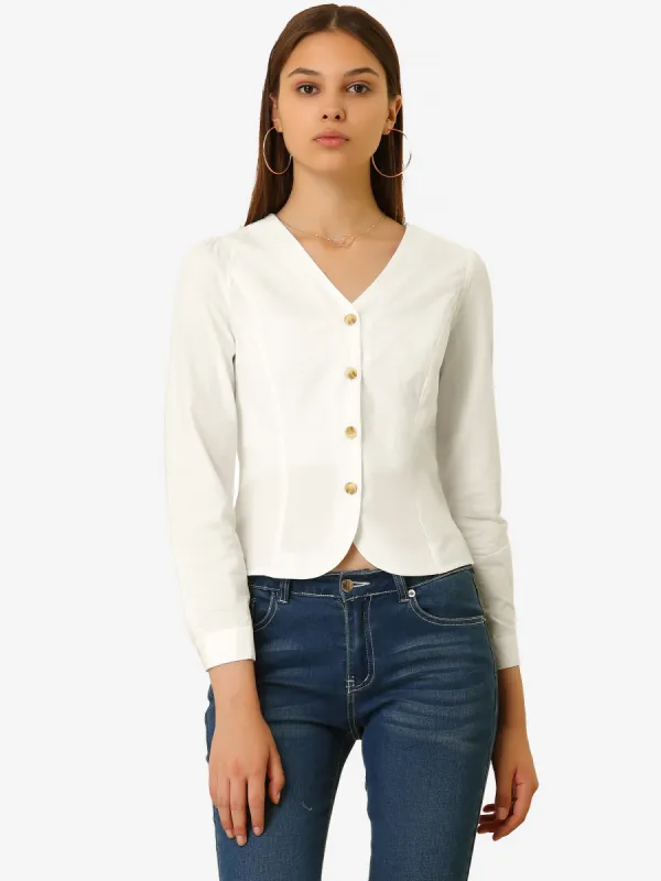 Work Office V Neck Tops Elegant Long Sleeve Button Front Blouse sold by Allegra K