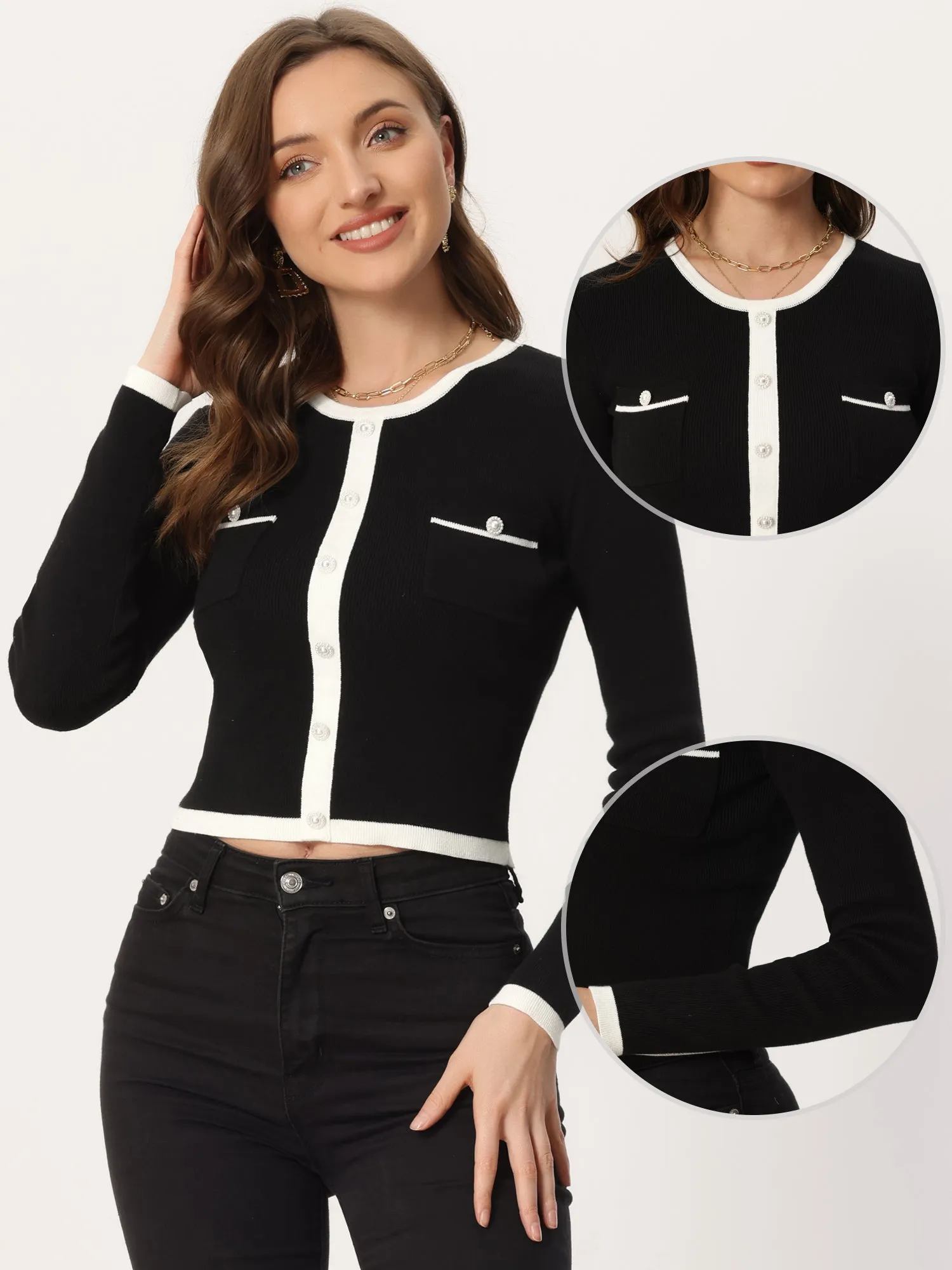 Contrast Ribbed Knit Round Neck Button Decor Crop Sweater Top sold by Allegra K product image thumbnail 3