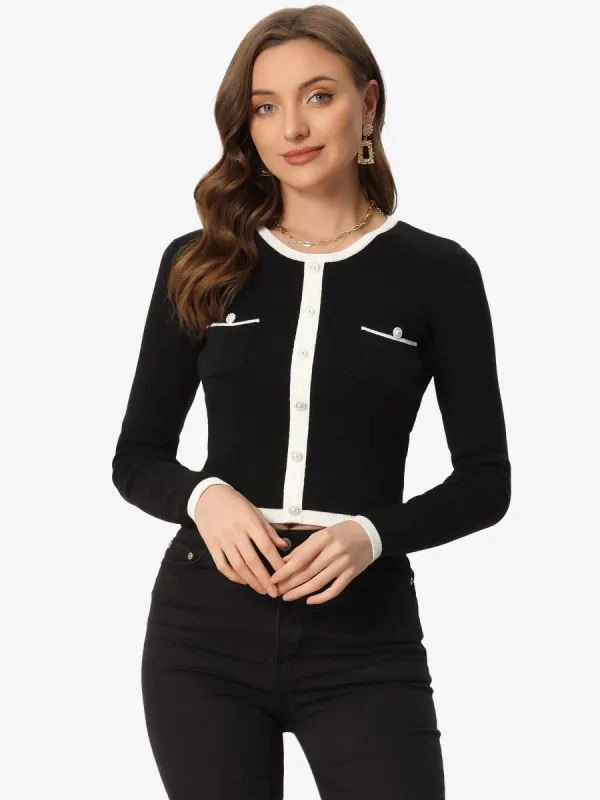 Contrast Ribbed Knit Round Neck Button Decor Crop Sweater Top sold by Allegra K