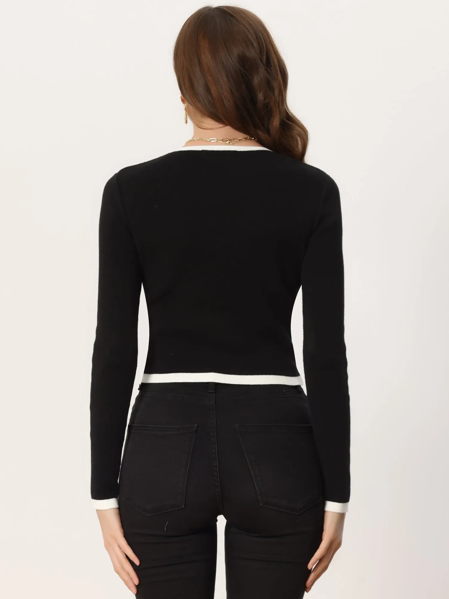 Contrast Ribbed Knit Round Neck Button Decor Crop Sweater Top sold by Allegra K product image thumbnail 4