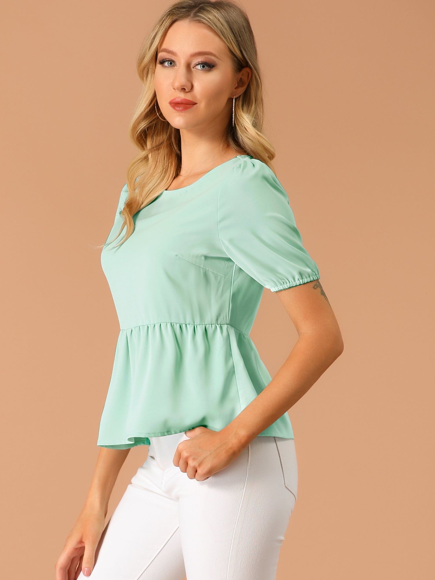Babydoll Shirt Short Sleeve Solid Chiffon Peplum Top sold by Allegra K product image thumbnail 4