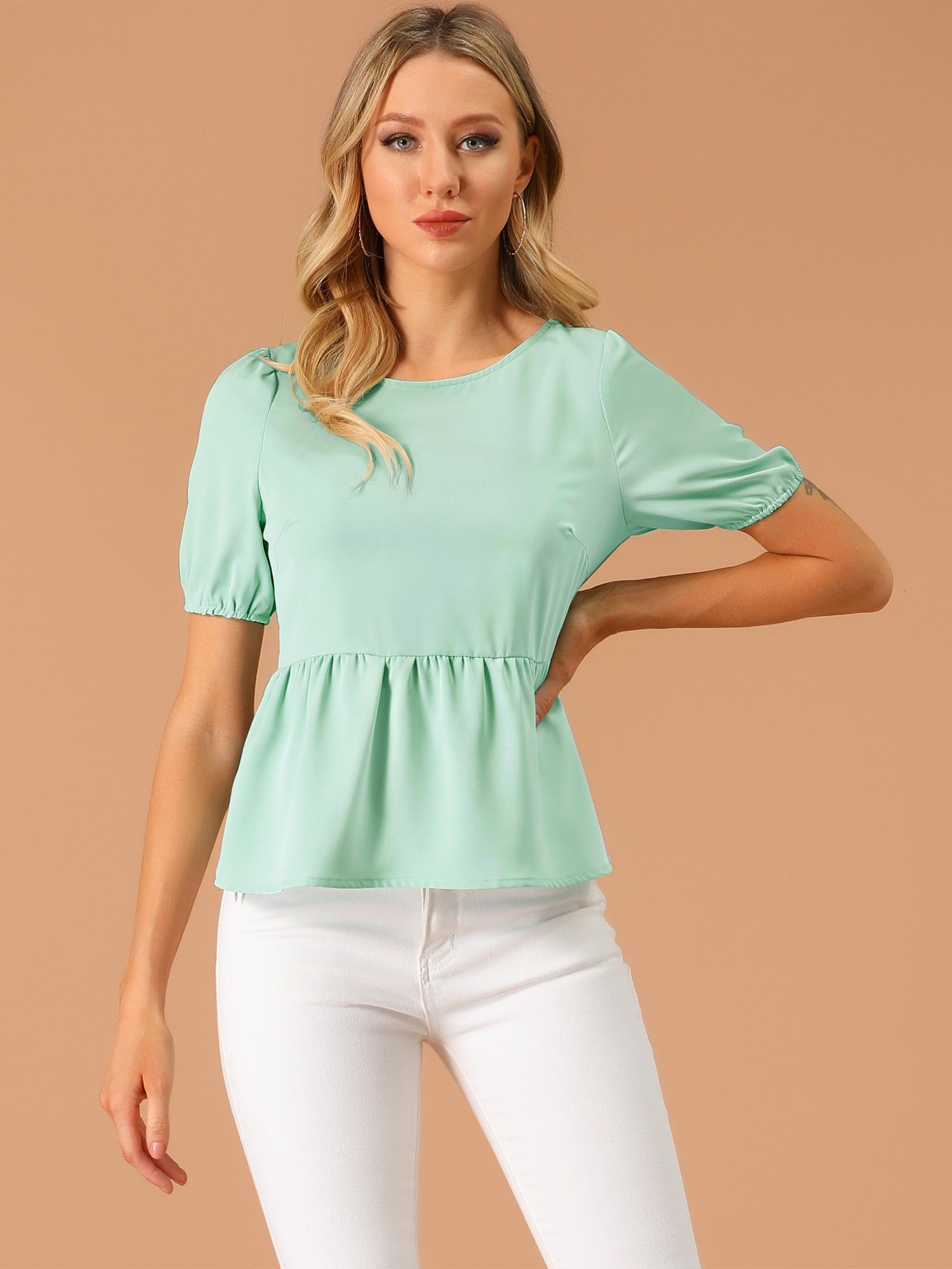 Babydoll Shirt Short Sleeve Solid Chiffon Peplum Top sold by Allegra K