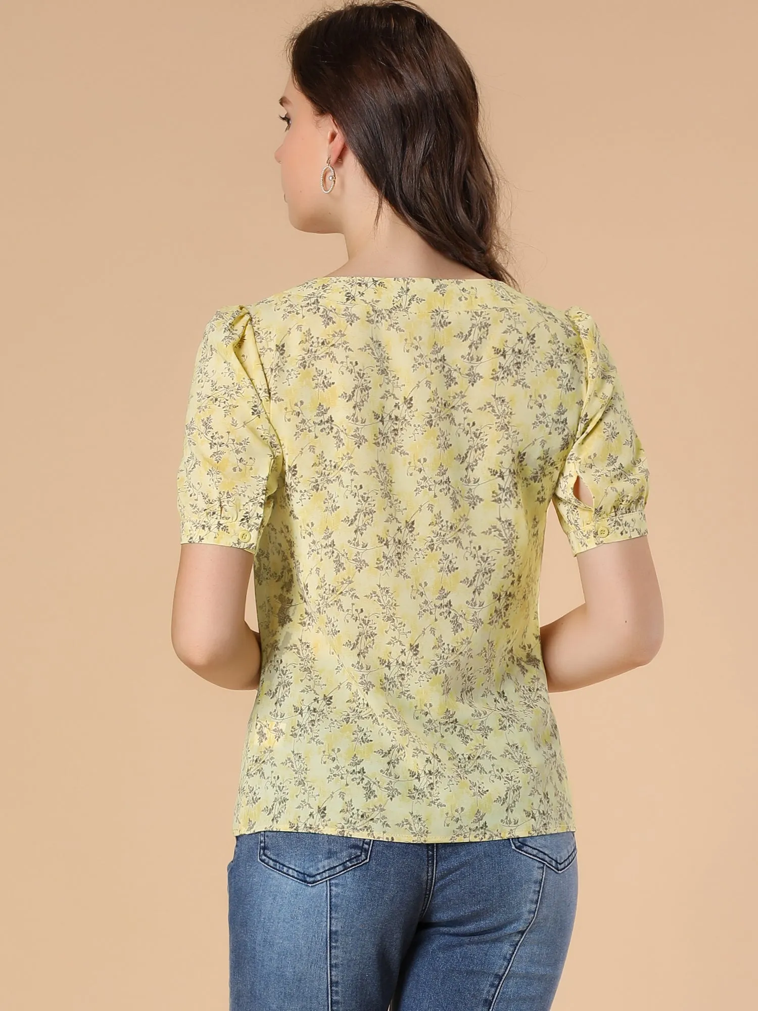 Floral Printed Choker Neck Keyhole Short Sleeve Peasant Blouse sold by Allegra K product image thumbnail 5