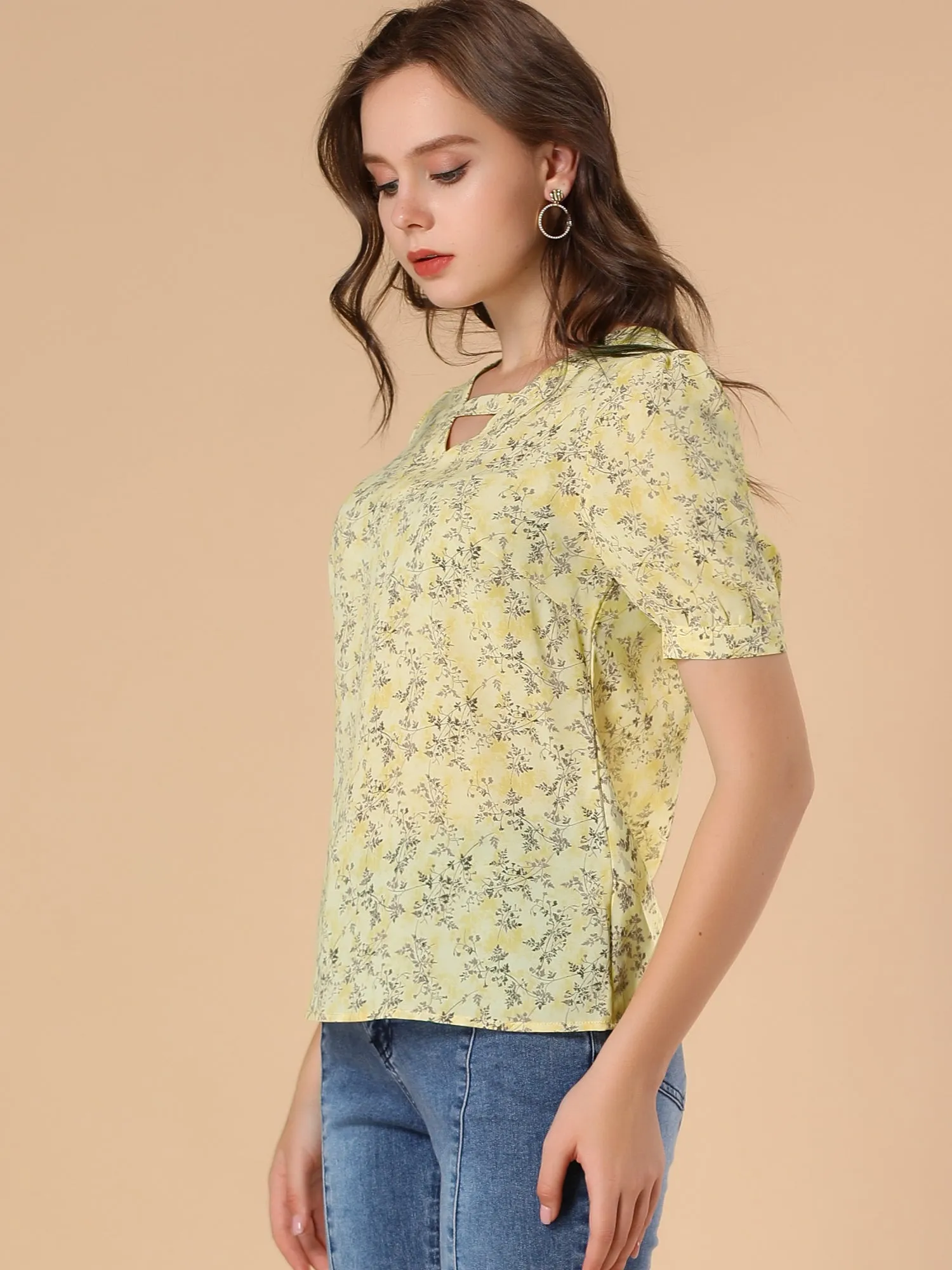 Floral Printed Choker Neck Keyhole Short Sleeve Peasant Blouse sold by Allegra K product image thumbnail 4