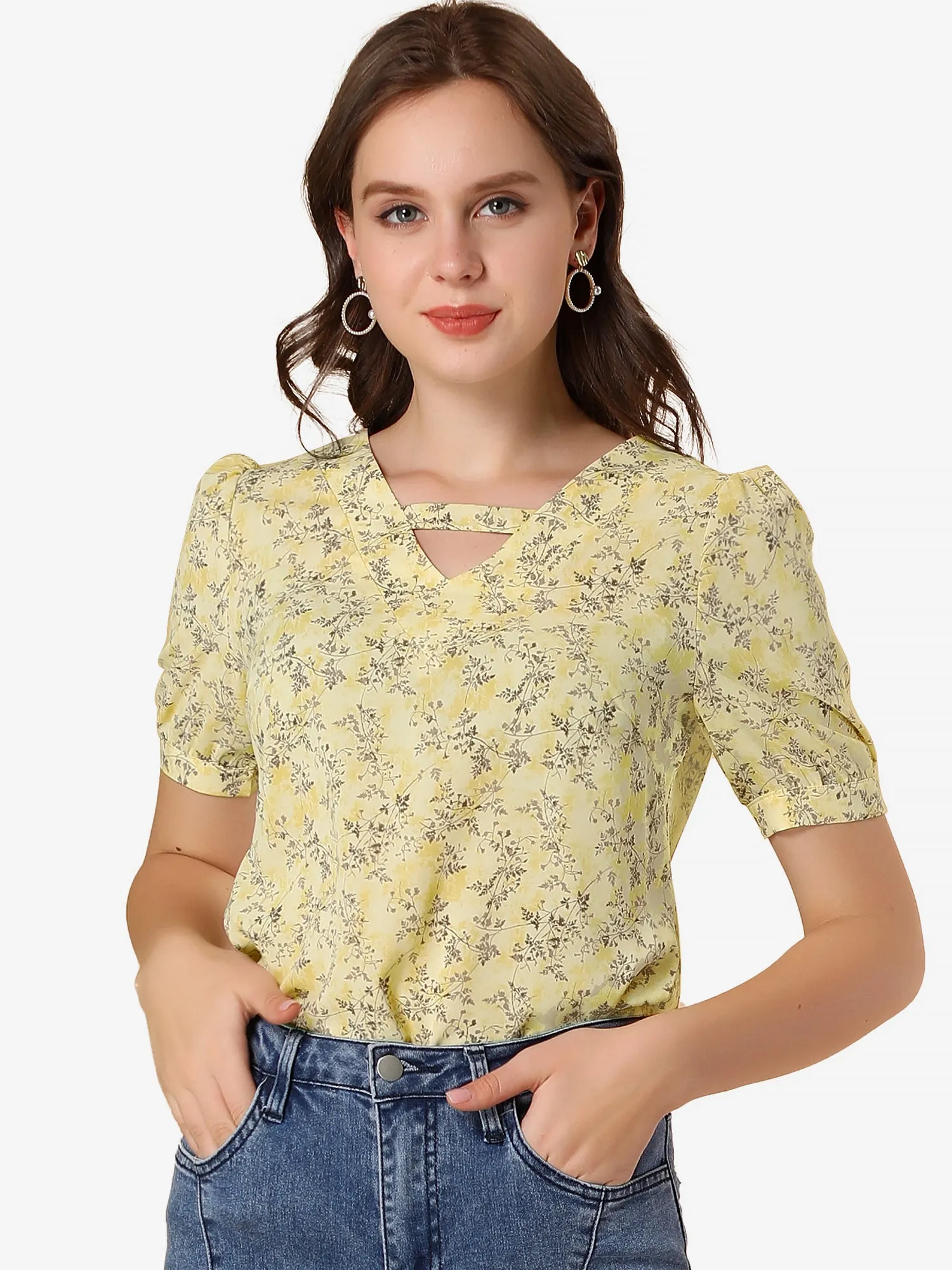 Floral Printed Choker Neck Keyhole Short Sleeve Peasant Blouse sold by Allegra K