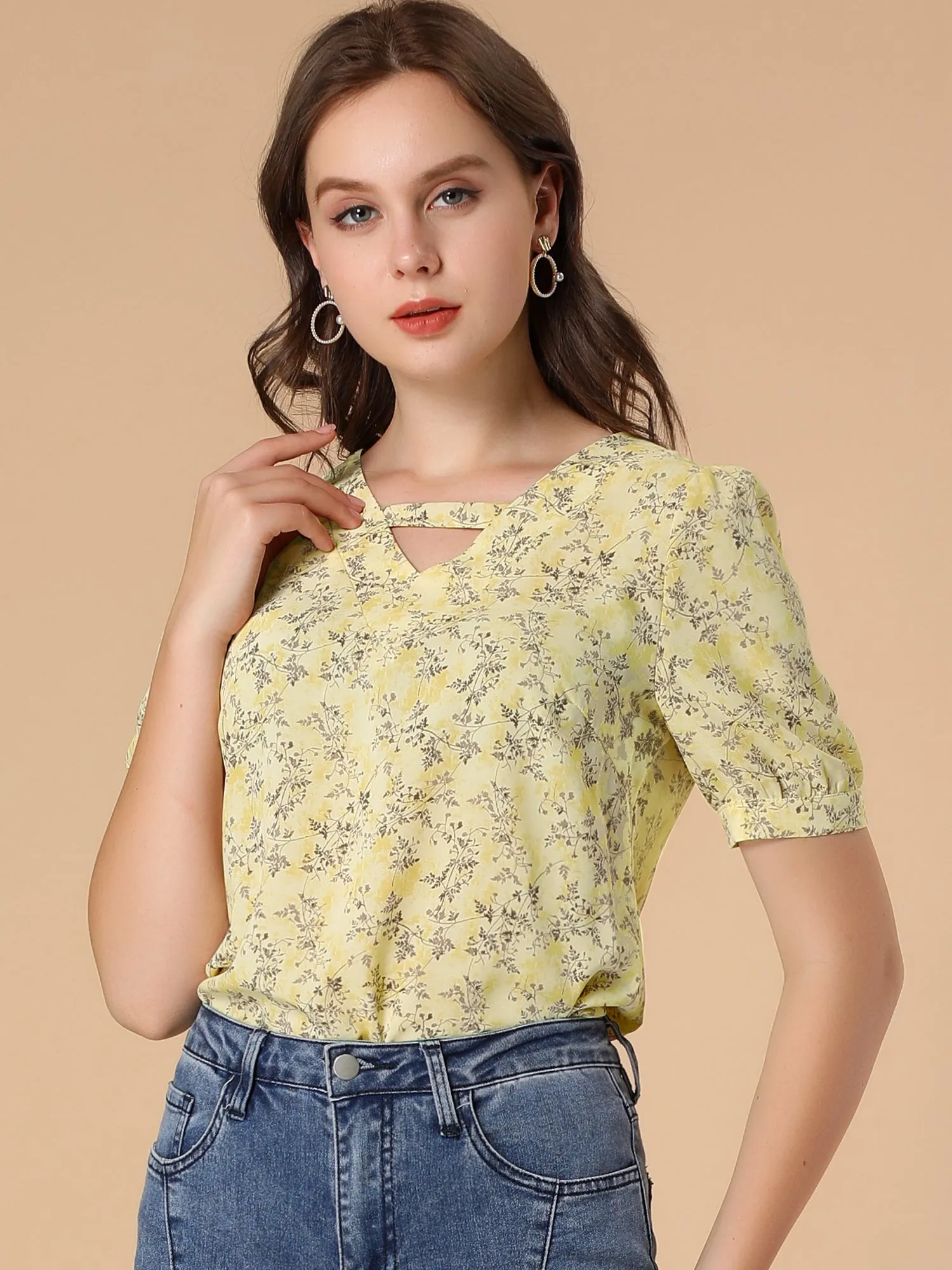 Floral Printed Choker Neck Keyhole Short Sleeve Peasant Blouse sold by Allegra K product image thumbnail 2