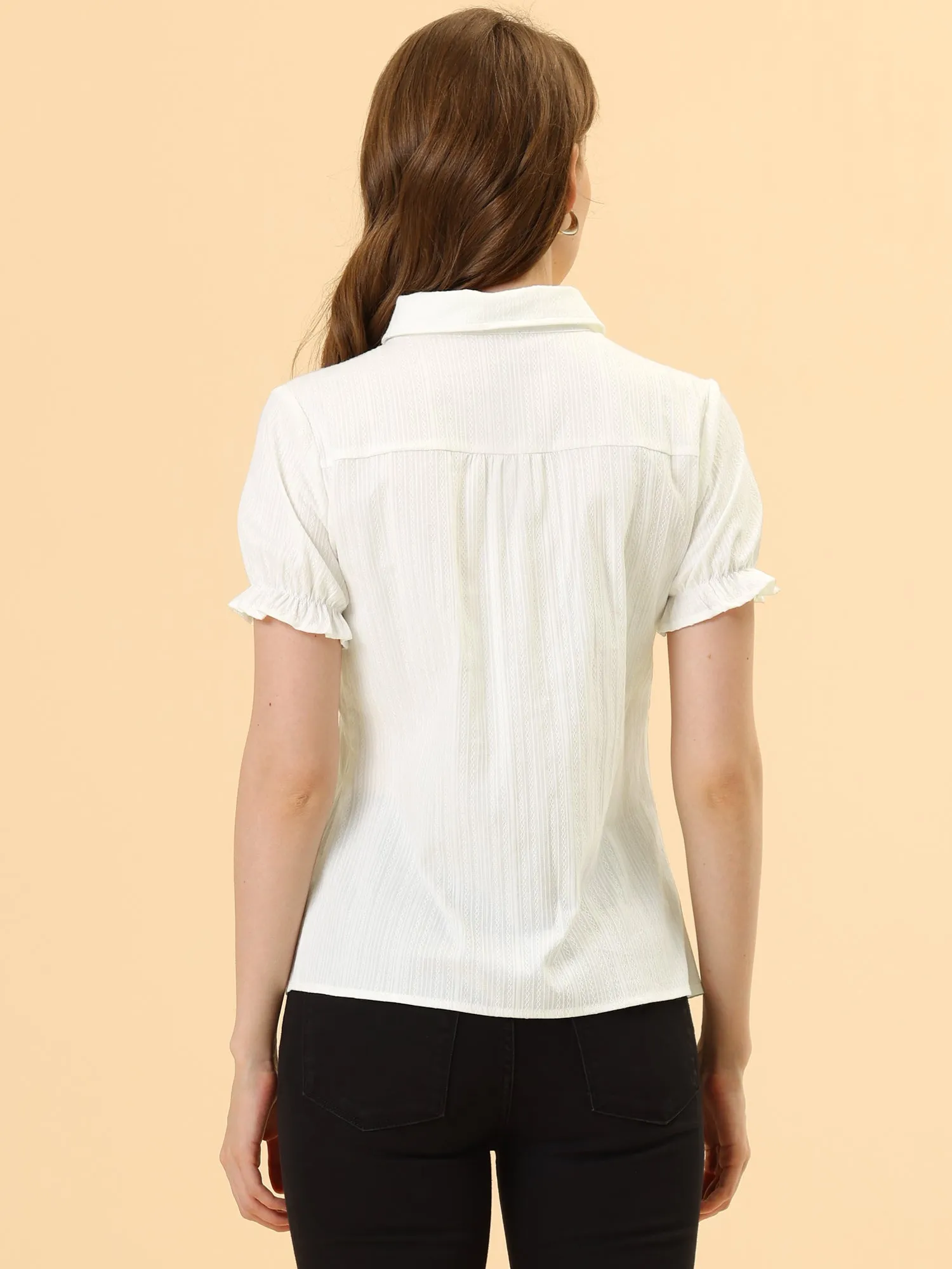 Cotton Frilled Top Turndown Collar Solid Blouse Shirt sold by Allegra K product image thumbnail 3