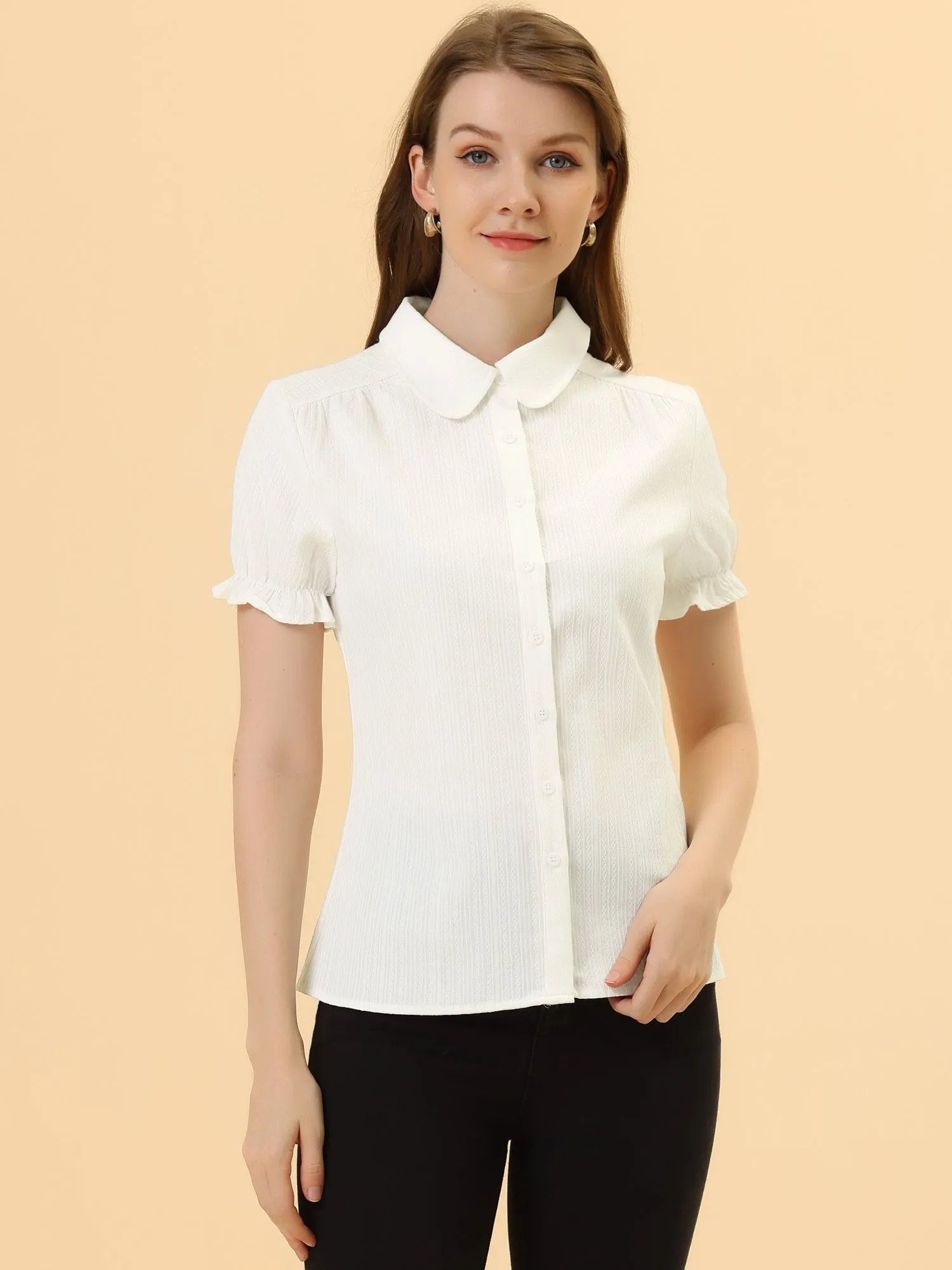 Cotton Frilled Top Turndown Collar Solid Blouse Shirt sold by Allegra K