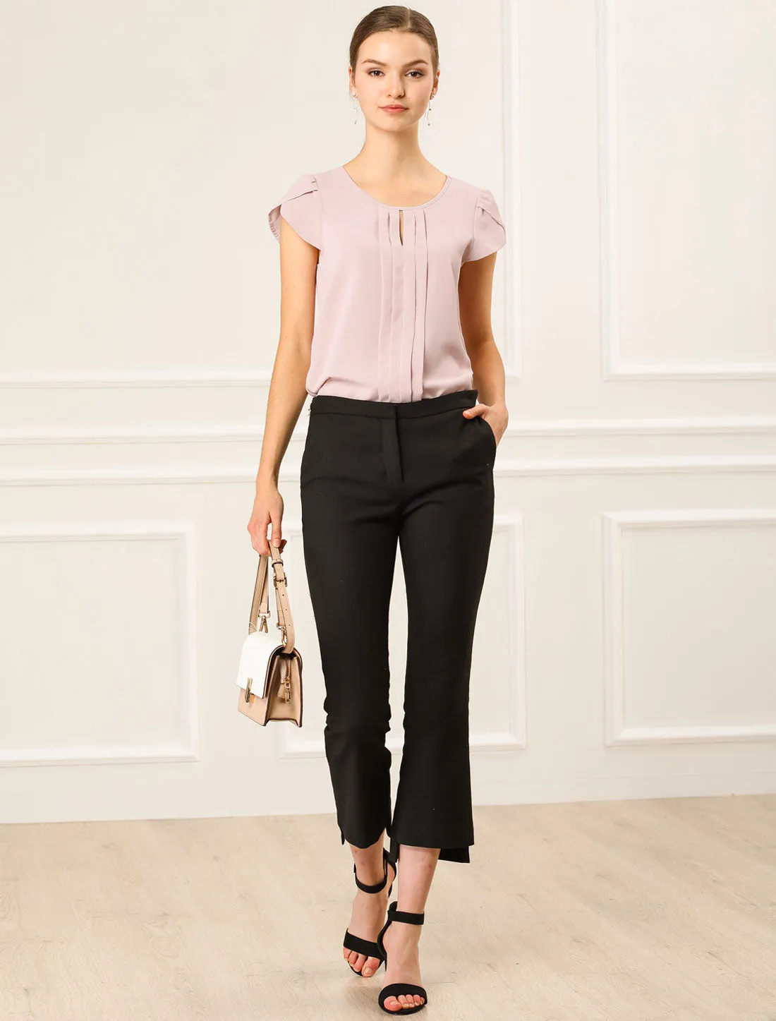 Pleated Keyhole Front Tulip Sleeve Office Business Blouse Tops sold by Allegra K