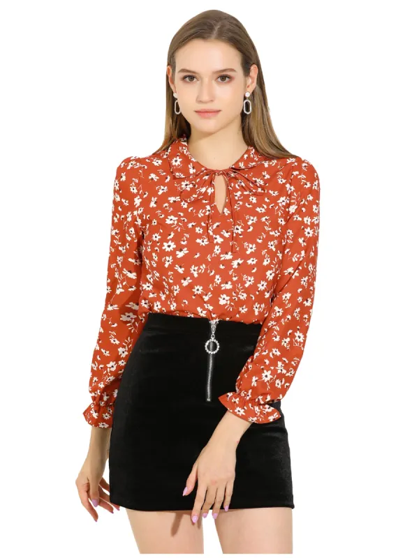 Women's Floral Tie V Neck Turn Down Collar Blouse Shirt sold by Allegra K