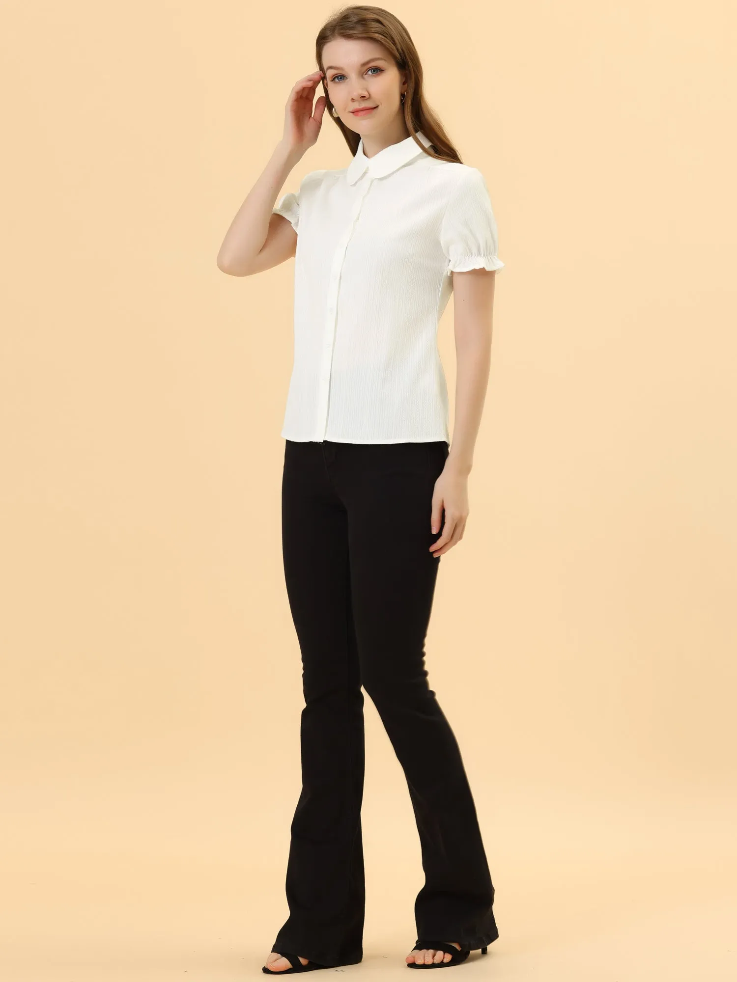 Cotton Frilled Top Turndown Collar Solid Blouse Shirt sold by Allegra K product image thumbnail 2