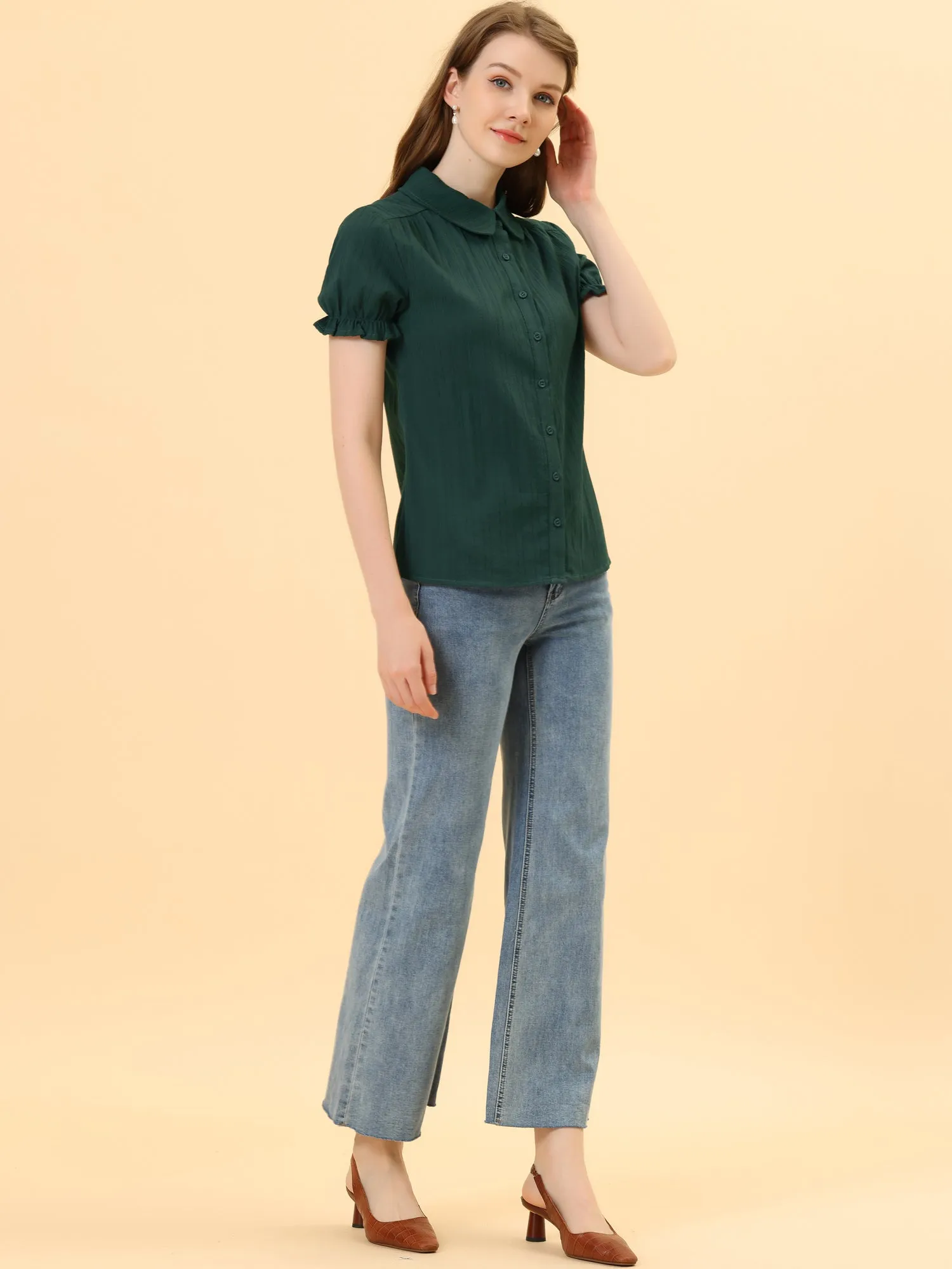 Cotton Frilled Top Turndown Collar Solid Blouse Shirt sold by Allegra K product image thumbnail 5