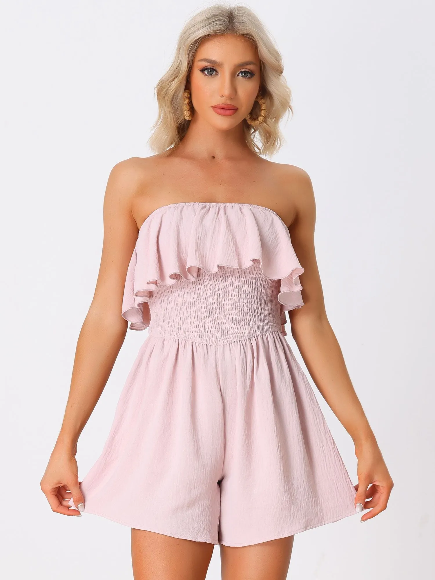Ruffle Smocked Elastic Waist Strapless Sleeveless Romper sold by Allegra K