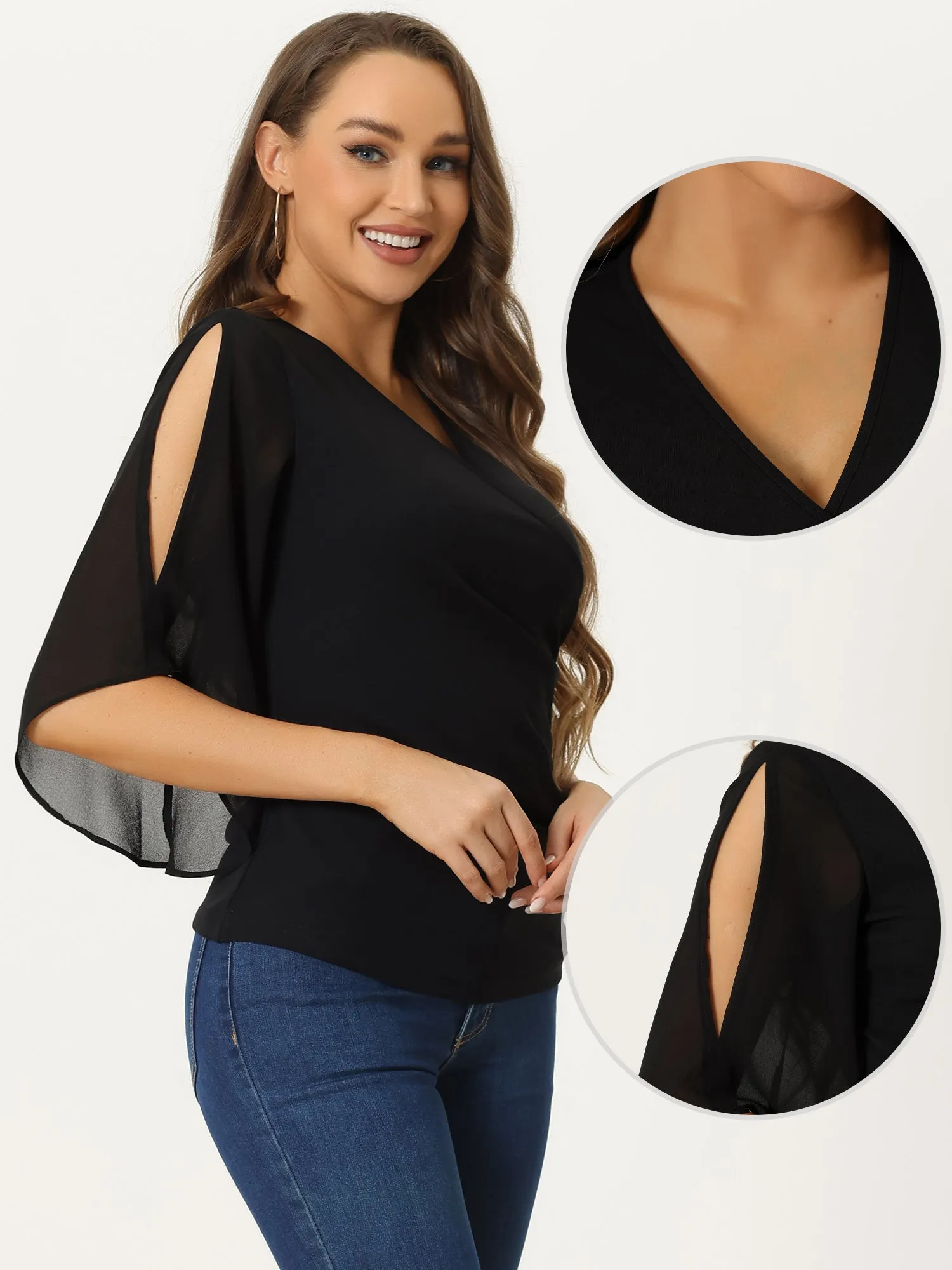 Elegant Ruched Side Chiffon Slit Sleeve Wrap Front Blouse sold by Allegra K product image thumbnail 2