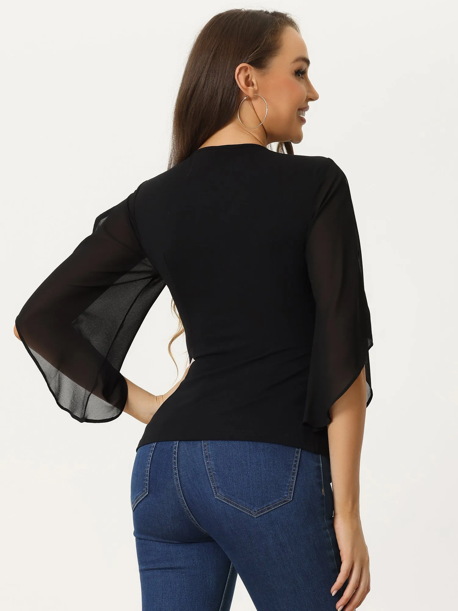 Elegant Ruched Side Chiffon Slit Sleeve Wrap Front Blouse sold by Allegra K product image thumbnail 3