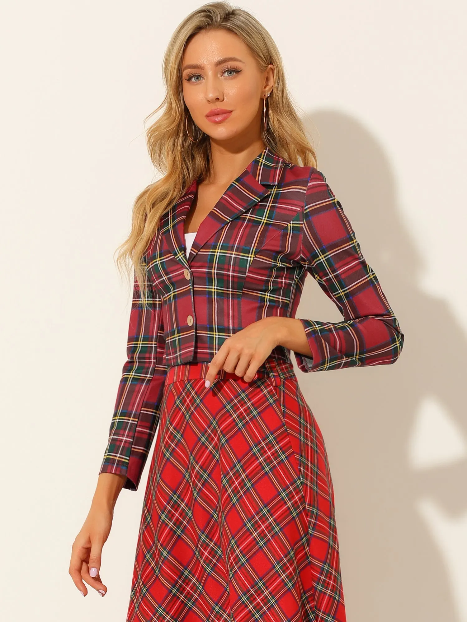 Notched Lapel Stretch Plaid Preppy Tartan Crop Blazer sold by Allegra K product image thumbnail 3