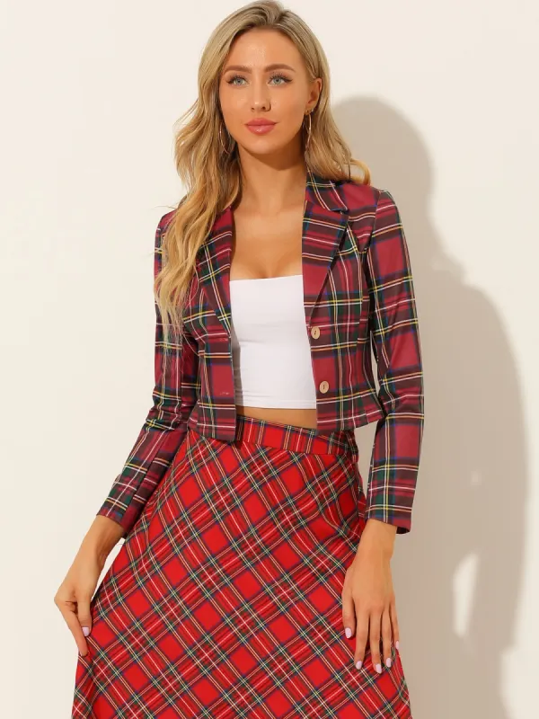 Notched Lapel Stretch Plaid Preppy Tartan Crop Blazer sold by Allegra K