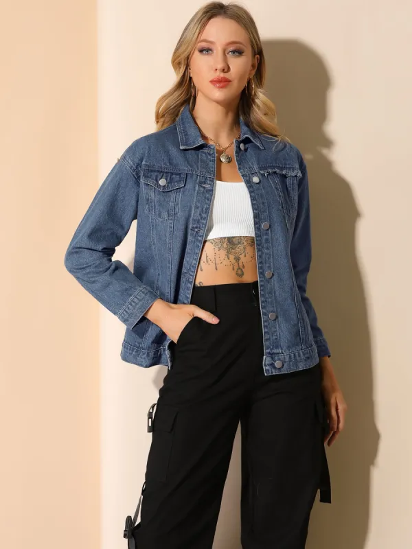 Casual Button Down Turndown Collar Basic Washed Jean Denim Jacket sold by Allegra K