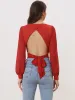 Tie Back Long Sleeve Banded Cuff Sexy Sweetheart Neck Blouse sold by Allegra K
