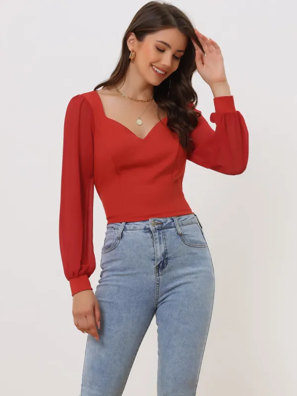 Tie Back Long Sleeve Banded Cuff Sexy Sweetheart Neck Blouse sold by Allegra K