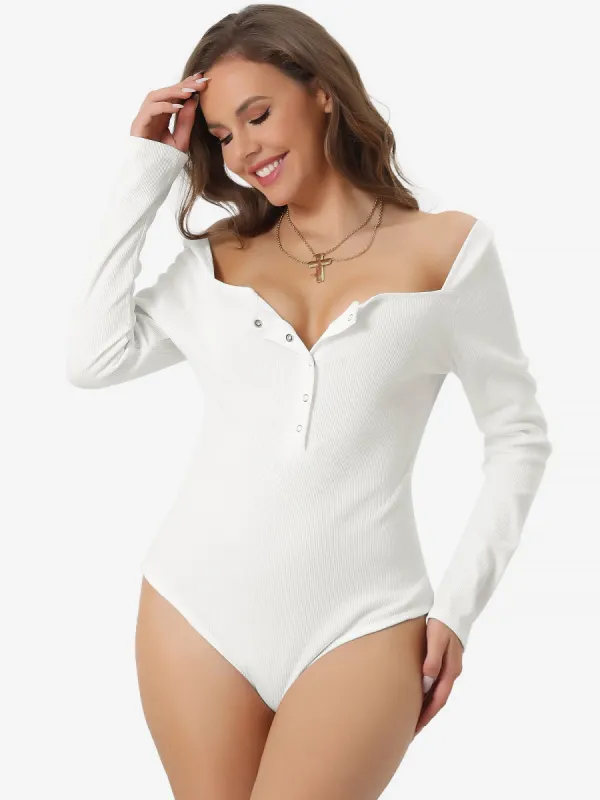 Button Down Ribbed V Neck Casual Long Sleeve Stretchy Bodysuits sold by Allegra K