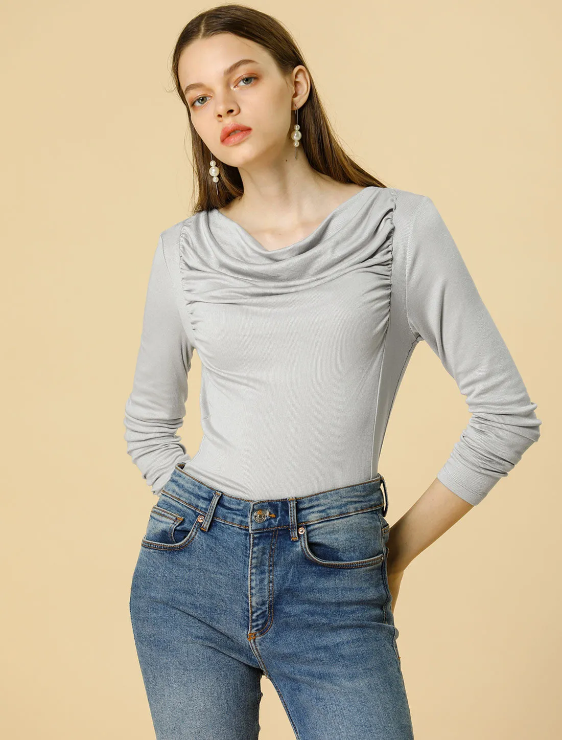 Pleated Ruched Cowl Neck Knit Top Long Sleeve Ribbed knit Top sold by Allegra K product image thumbnail 2