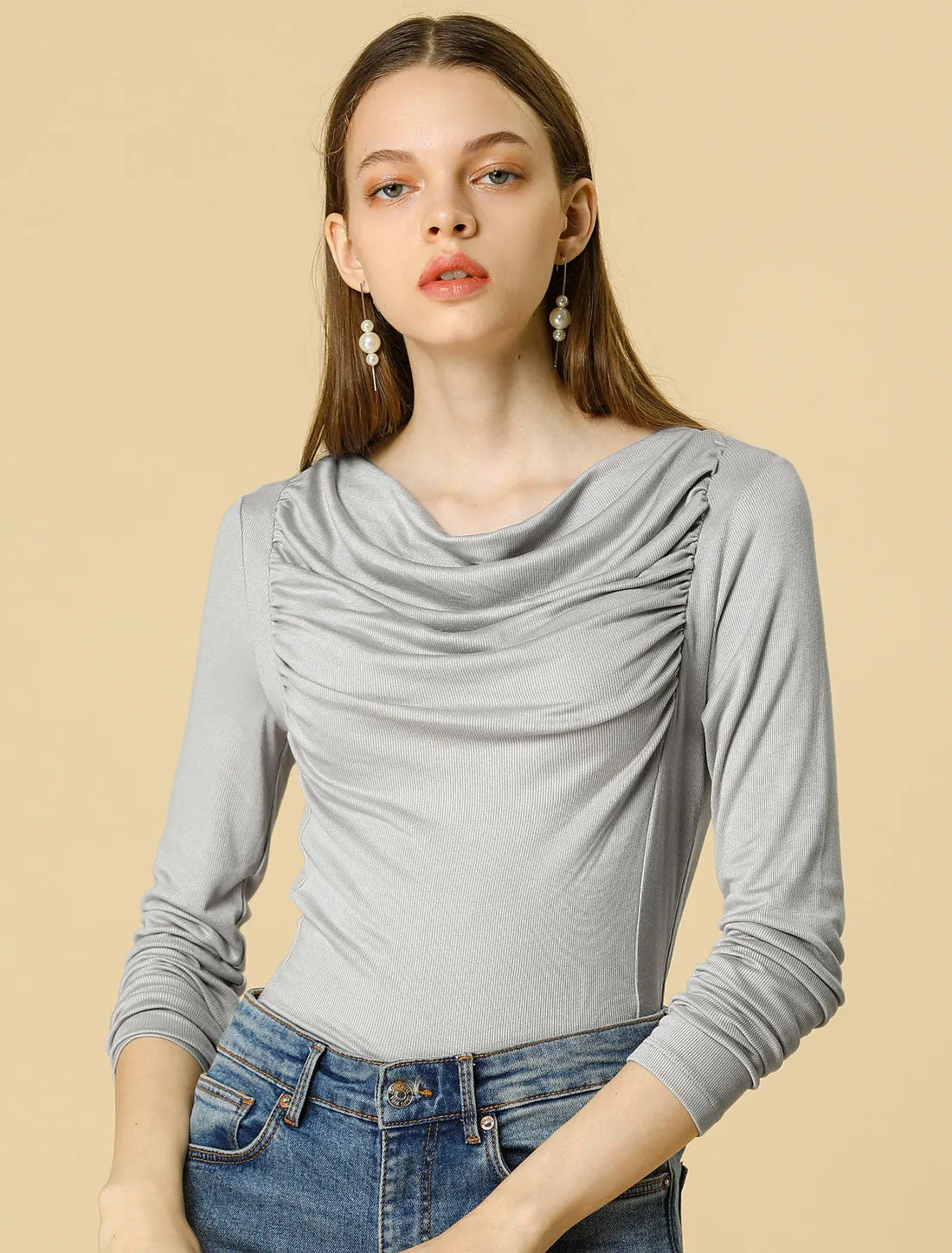 Pleated Ruched Cowl Neck Knit Top Long Sleeve Ribbed knit Top sold by Allegra K product image thumbnail 3