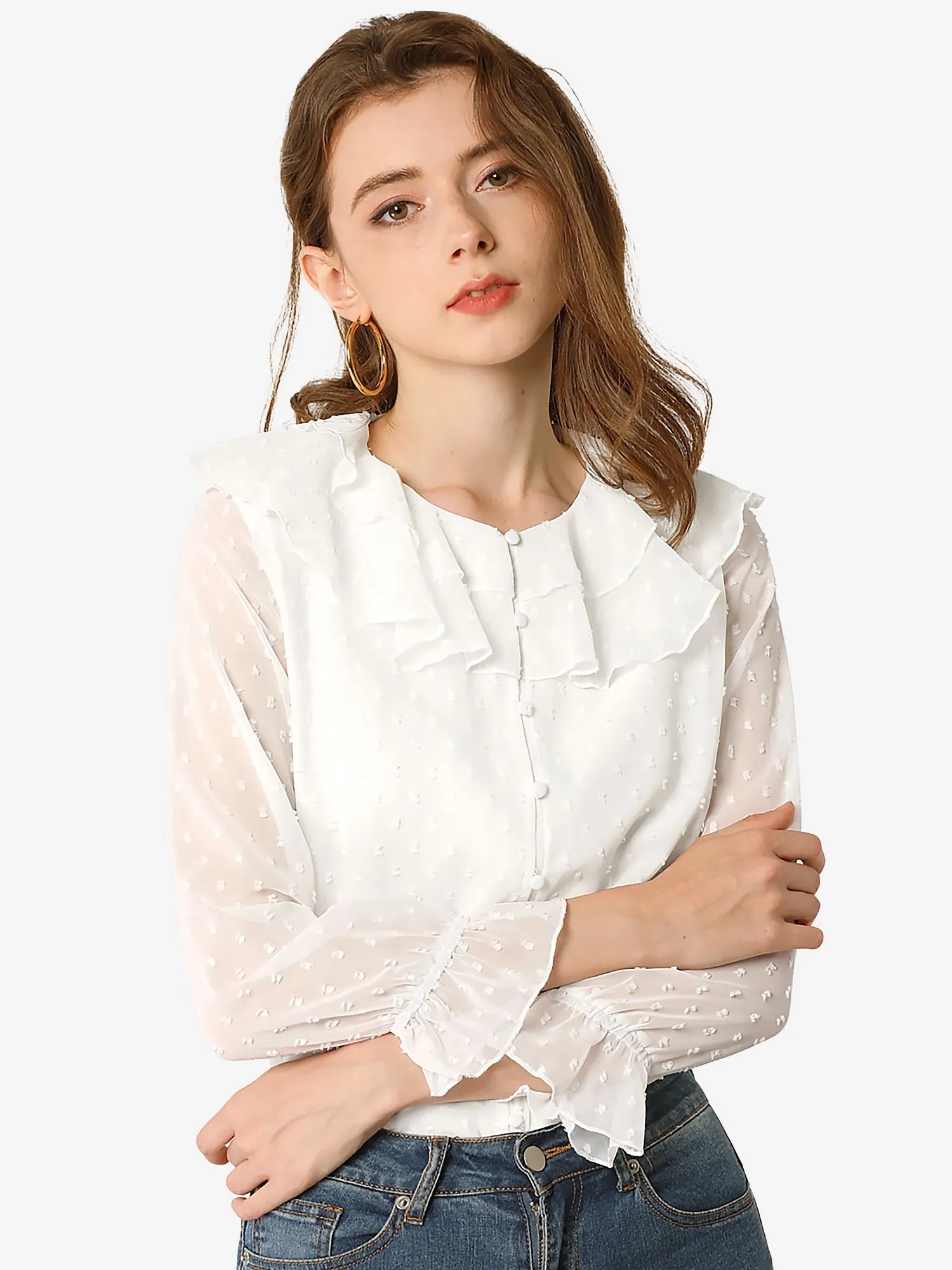 Swiss Dots Blouse Bracelet Sleeve Chiffon Boho Ruffle Neck Tops sold by Allegra K