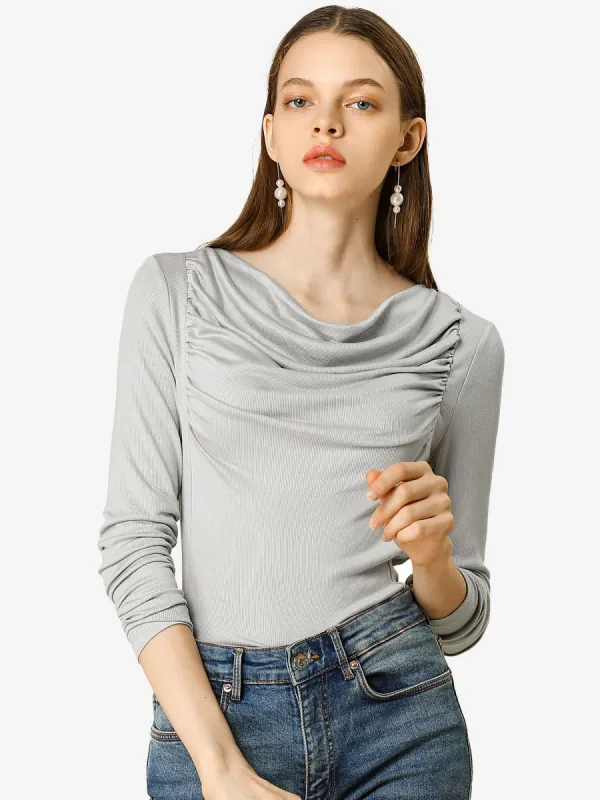 Pleated Ruched Cowl Neck Knit Top Long Sleeve Ribbed knit Top sold by Allegra K