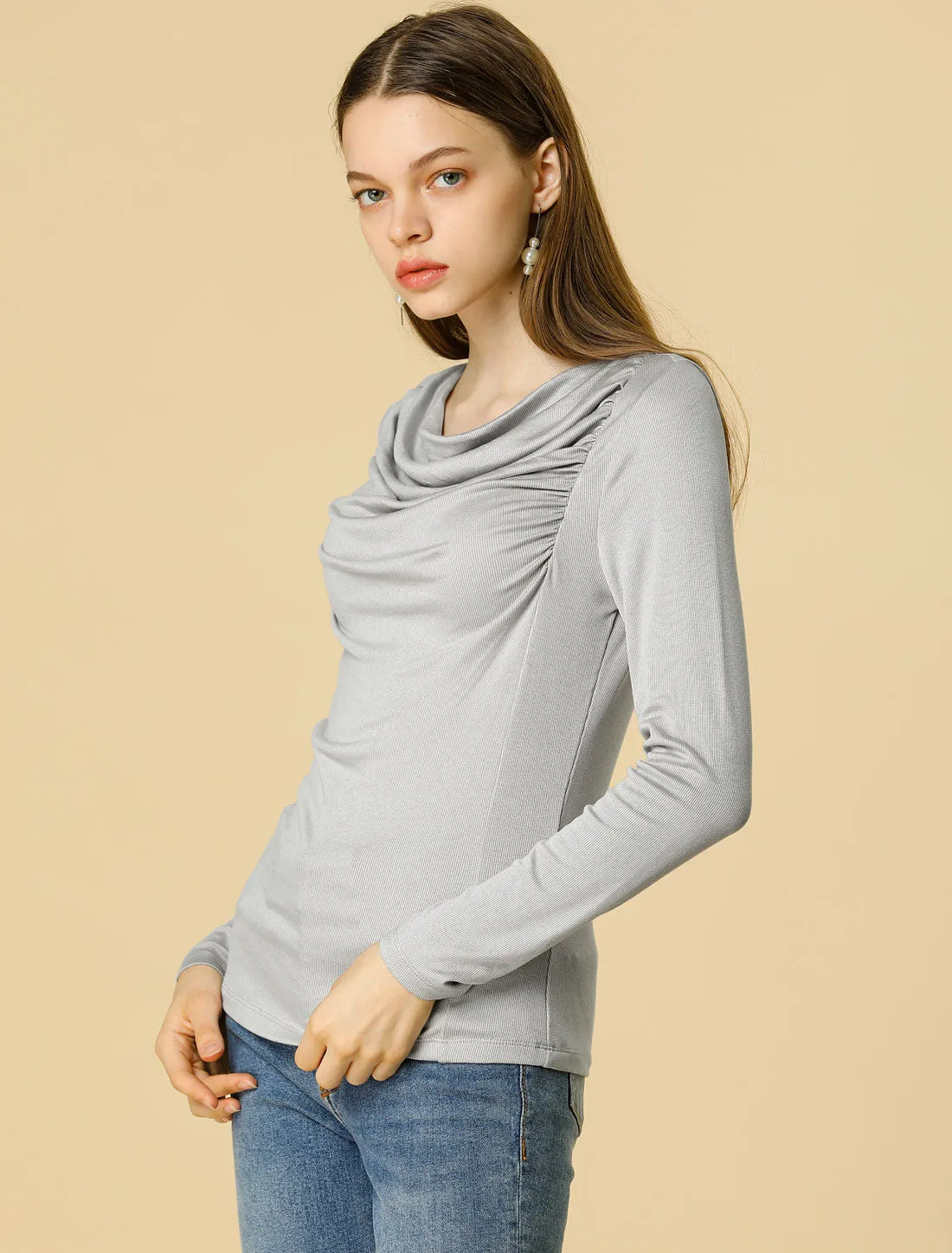Pleated Ruched Cowl Neck Knit Top Long Sleeve Ribbed knit Top sold by Allegra K product image thumbnail 4