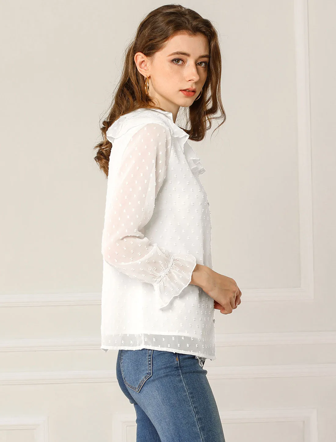 Swiss Dots Blouse Bracelet Sleeve Chiffon Boho Ruffle Neck Tops sold by Allegra K product image thumbnail 5