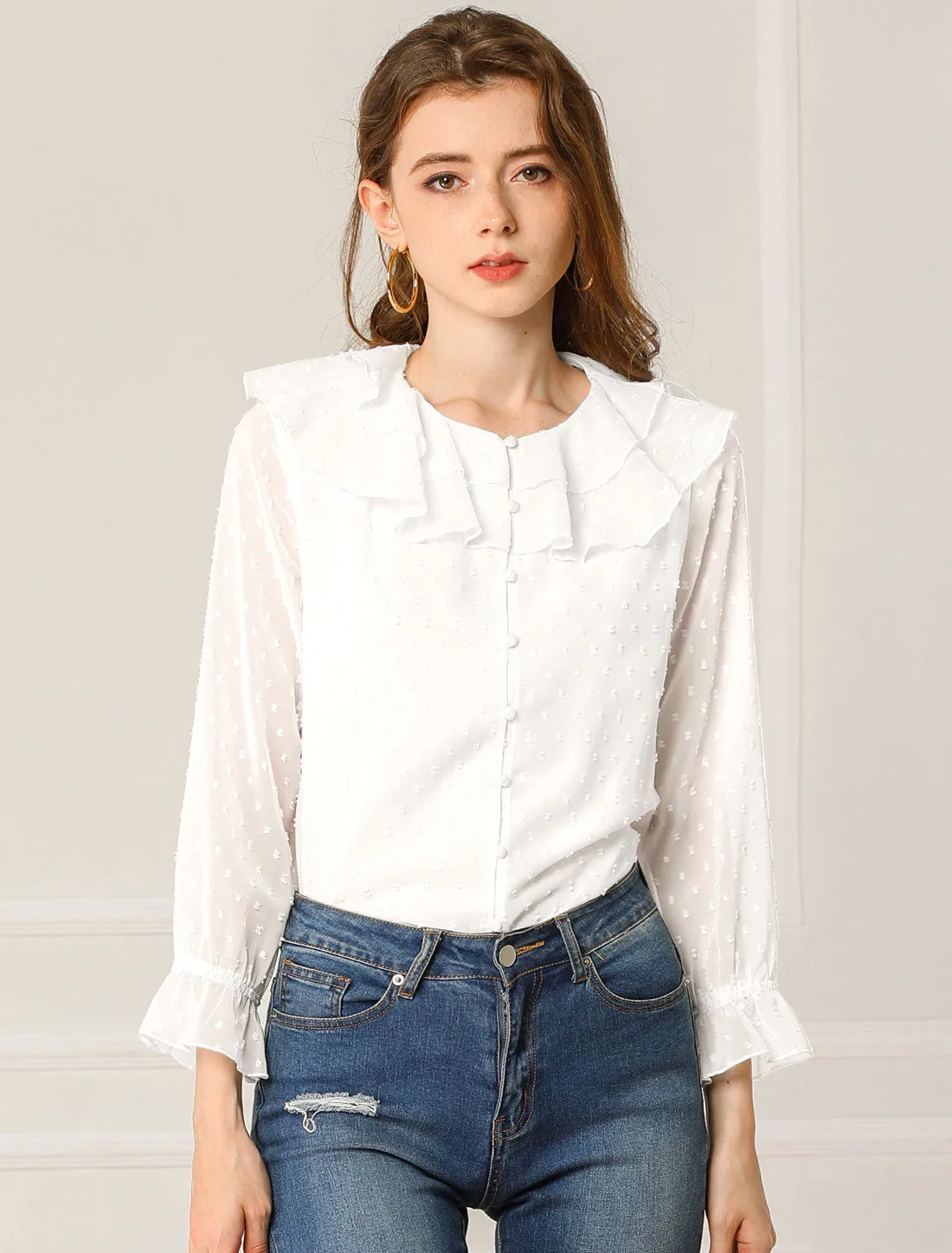 Swiss Dots Blouse Bracelet Sleeve Chiffon Boho Ruffle Neck Tops sold by Allegra K product image thumbnail 3