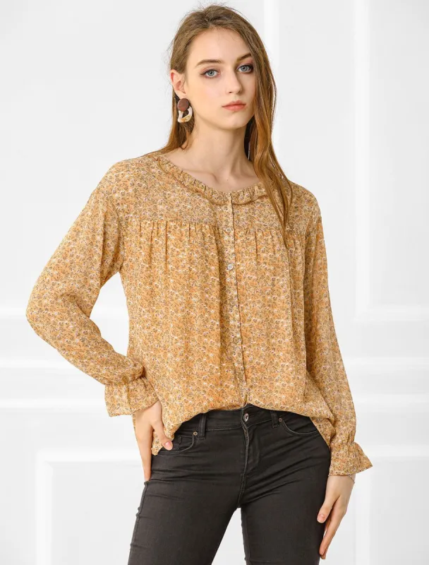 Peasant Chiffon Top Blouse Long Sleeve Ruffle Floral Button Shirt sold by Allegra K