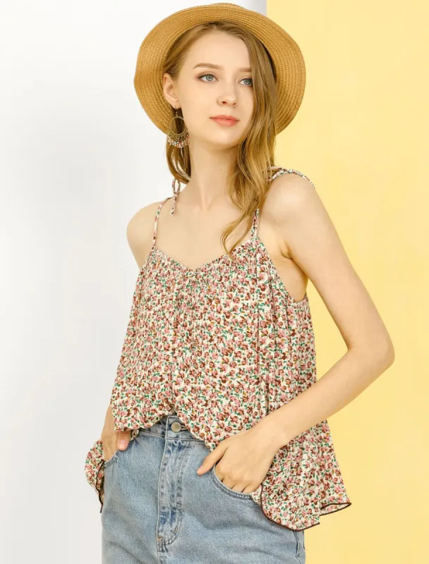 Chiffon Floral Printed Camisole Spaghetti Strap Pleated Cami Top sold by Allegra K