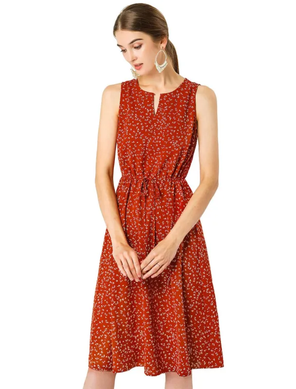 Women's Printed Split Neck Drawstring Waist Sleeveless A-Line Dress sold by Allegra K