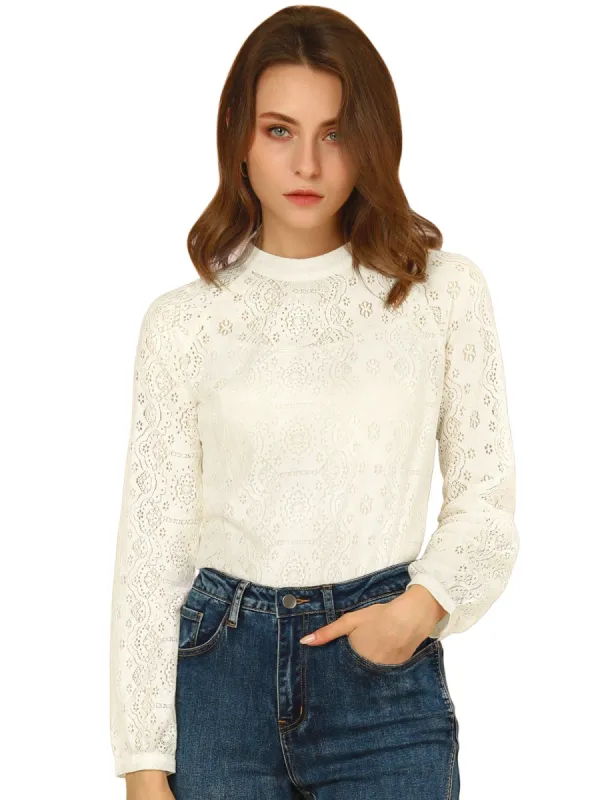 Women's Lace Floral Blouse Long Sleeve Stand Collar Elegant Vintage Top Shirt sold by Allegra K