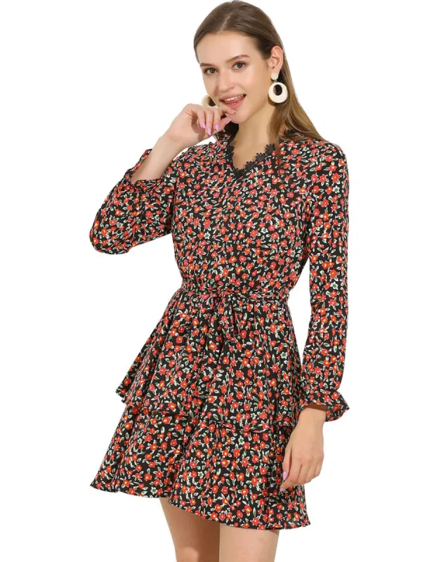 Women's Lace V Neck Long Sleeve Belted Swing Floral Tiered Dress sold by Allegra K