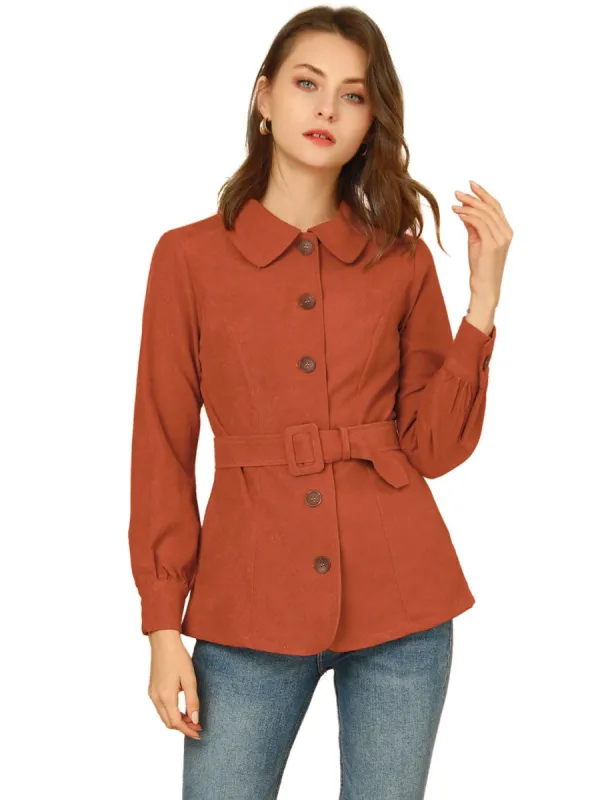 Women's Retro Turndown Collar Lantern Sleeve Coat with Belt sold by Allegra K