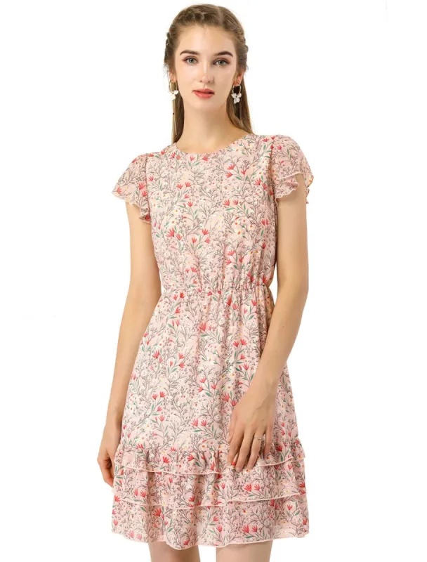 Women's Floral Print Chiffon Dress Above Knee A-Line Layered Ruffle Dress sold by Allegra K
