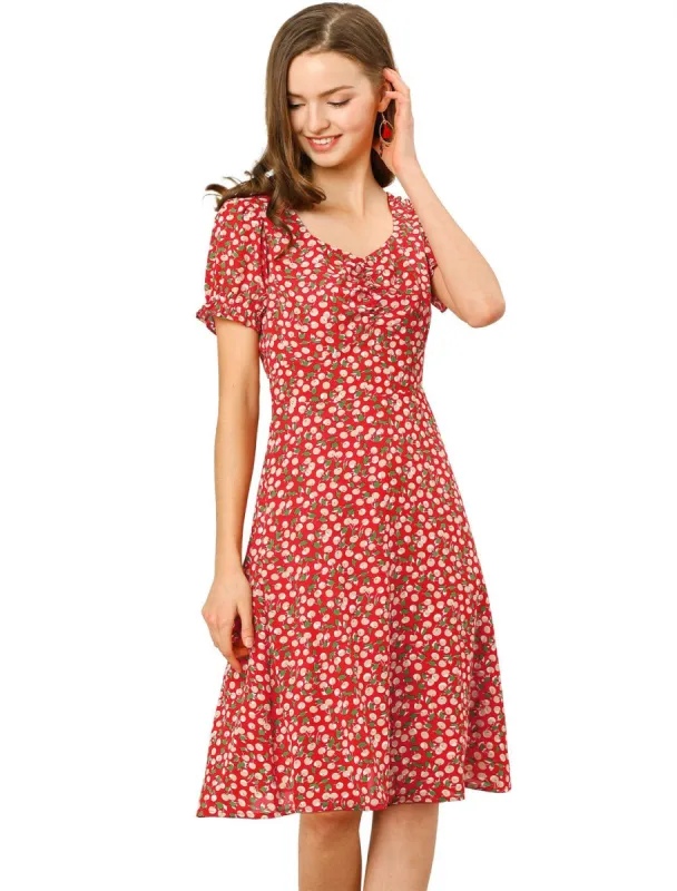 Women's Short Sleeve Summer Casual Smock Ruffle Cherry Print A-Line Dress sold by Allegra K